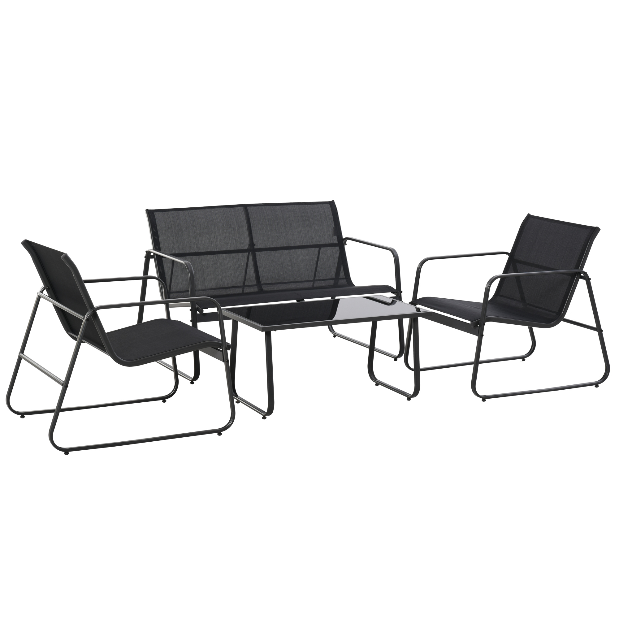 Outsunny Set Tisch mit Bank und 2 Stühlen für den Garten, Gartenmöbel-Set aus Metall und Texteline, Schwarz   Aosom
