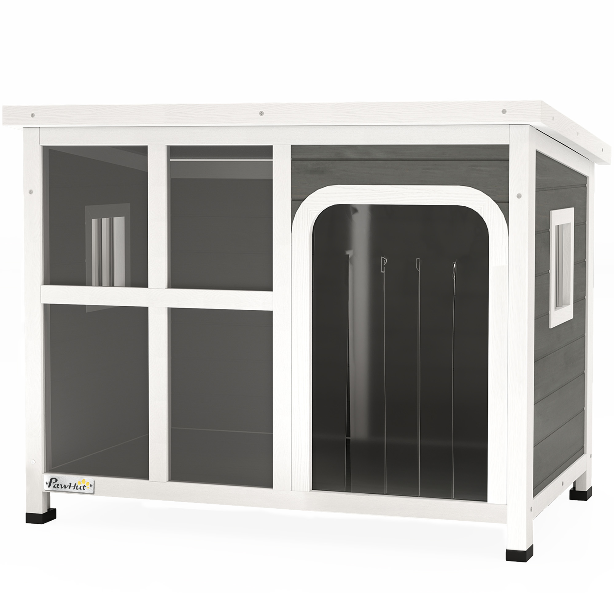PawHut Hundehütte für kleine und mittelgroße Hunde mit Seitenfenstern und Eingangsvorhang, Hundehütte für den Außenbereich mit herausnehmbarer Basis und abnehmbarem Dach, 90x62x71 cm, Hellgrau   Aosom