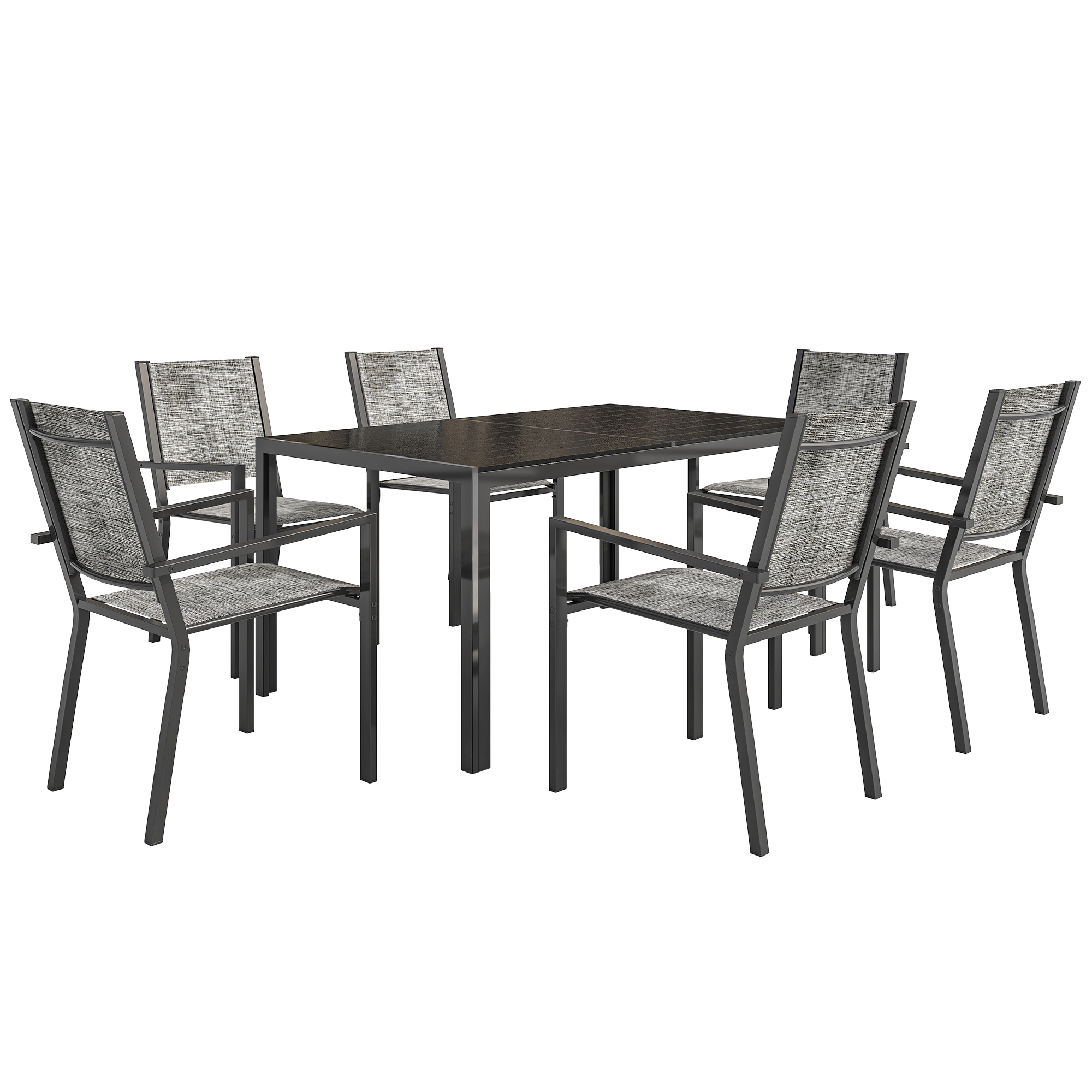 Outsunny Gartenmöbel-Set 7-teilig, Gartentisch im Freien mit 6 stapelbaren Stühlen, Latten-Platte 150 cm, rostfreier Stahlrahmen, Gartenmöbel, Terrasse, Patio, Schwarz Aosom