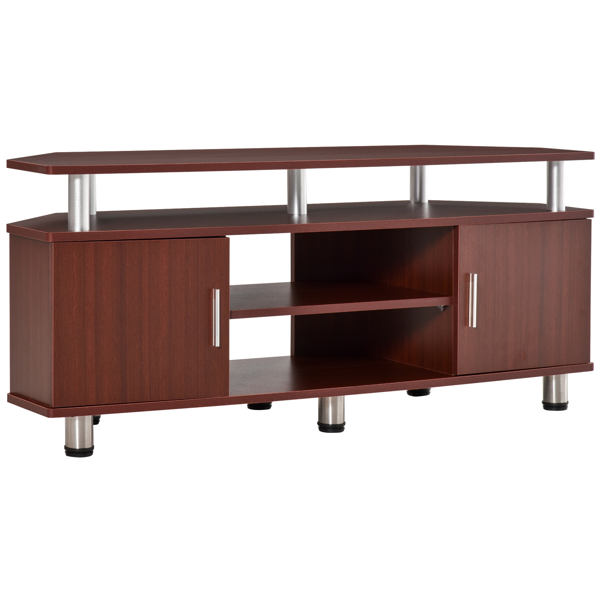 HOMCOM TV-Ständer für Wohnzimmer mit 2 Regalen und 2 Schränken, aus MDF und Edelstahl, Braun, 120x39,5x52cm Aosom