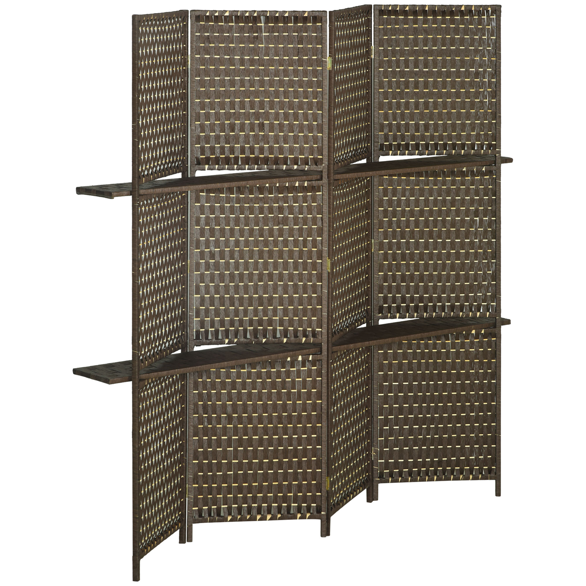 HOMCOM Innenraum-Paravent 4 Paneelen 181L x 180H cm 2 Regale faltbarer Raumteiler Kiefernholz Bambus geflochtene Papierschnüre Braun Aosom
