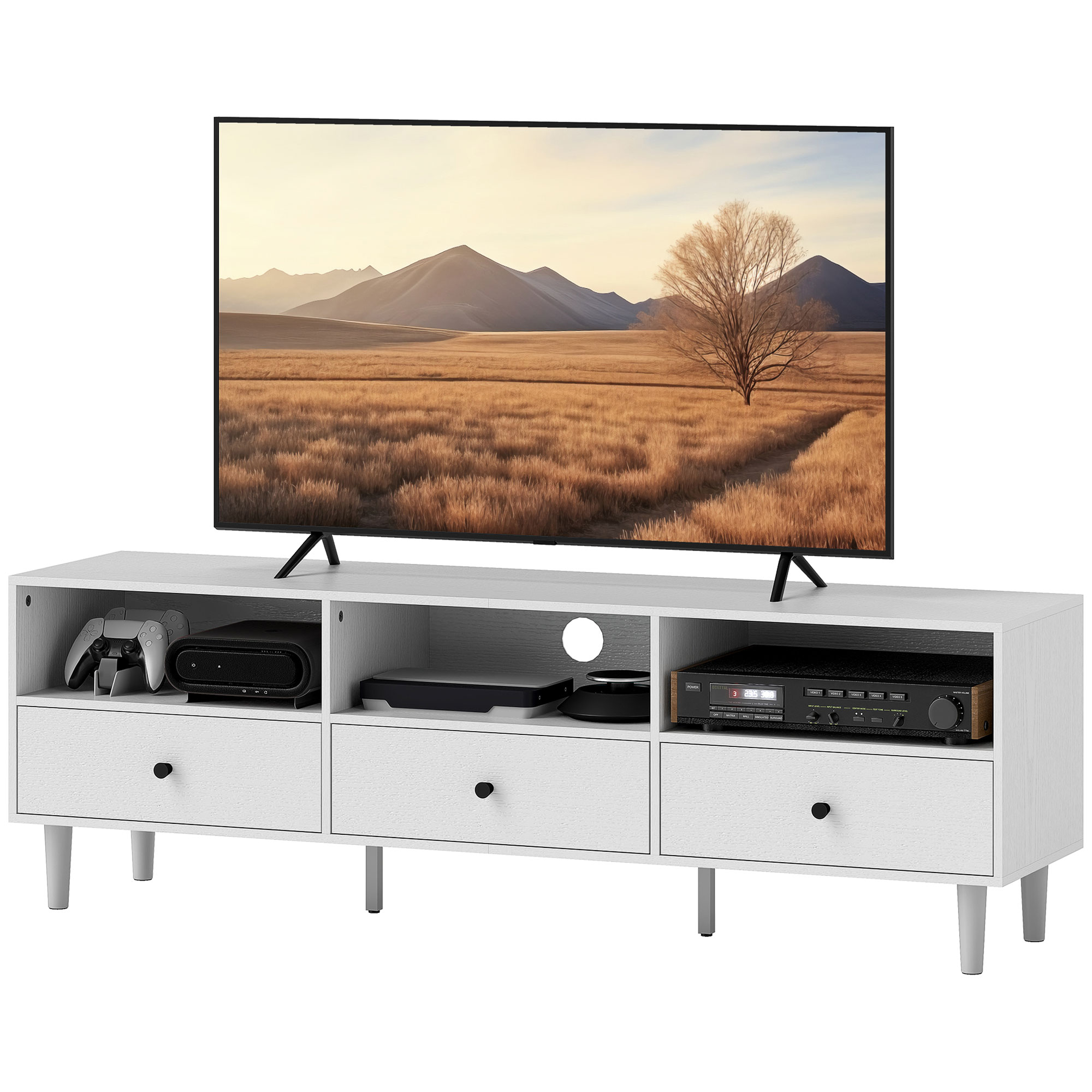 HOMCOM TV Ständer TV Möbel TV Bank für Fernseher bis zu 75' mit 3 Schubladen, 3 offenen Regalen und Kabelmanagement, für Wohnzimmer Schlafzimmer, 140 x 34 x 45 cm, weiß   Aosom