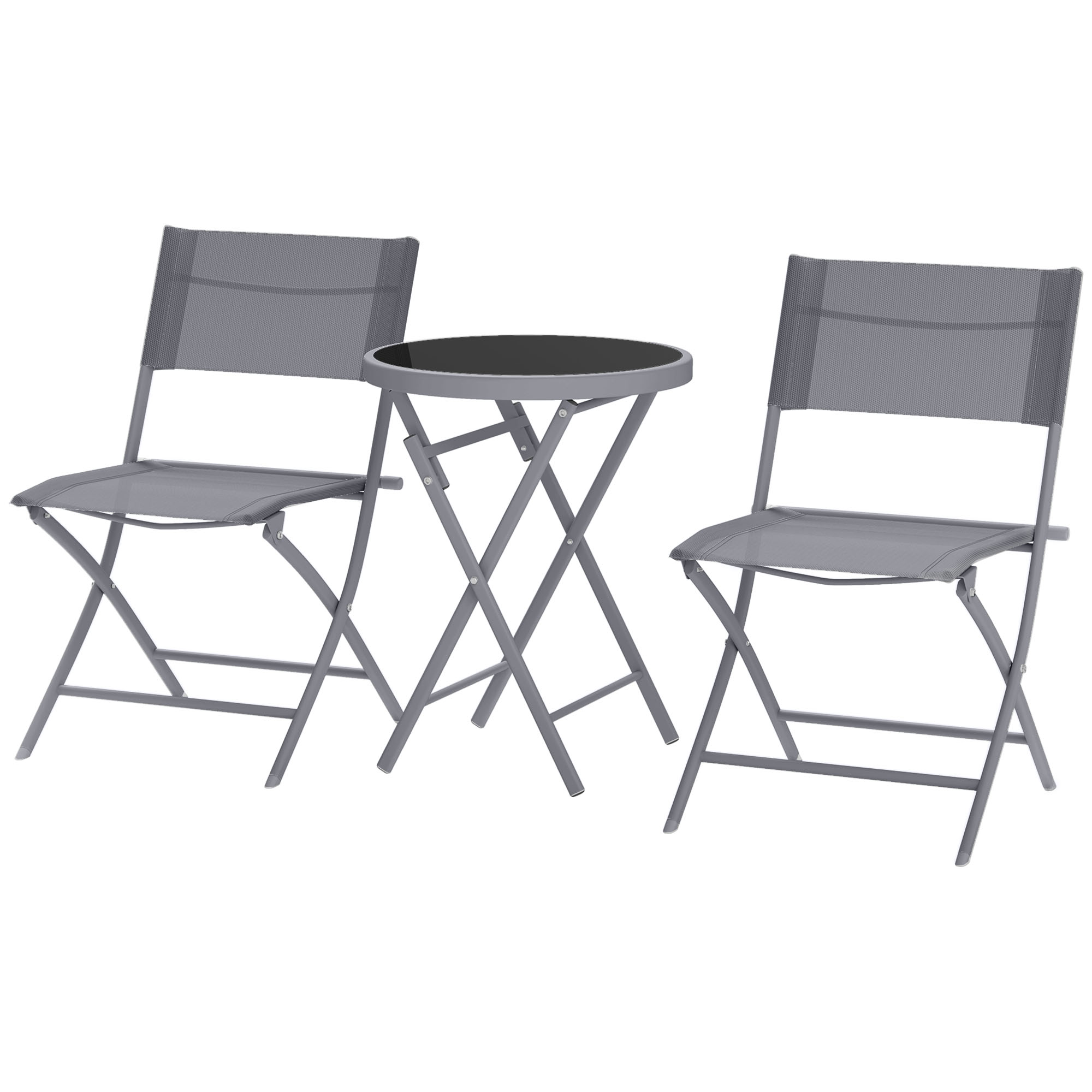 Outsunny 3-teiliges klappbares Bistro-Set aus Metall, 2 Stühle und 1 runder Tisch, Gartenmöbel-Set für 2 Personen im Freien, Außentisch mit Stühlen für Garten, Terrasse, Balkon, Grau   Aosom