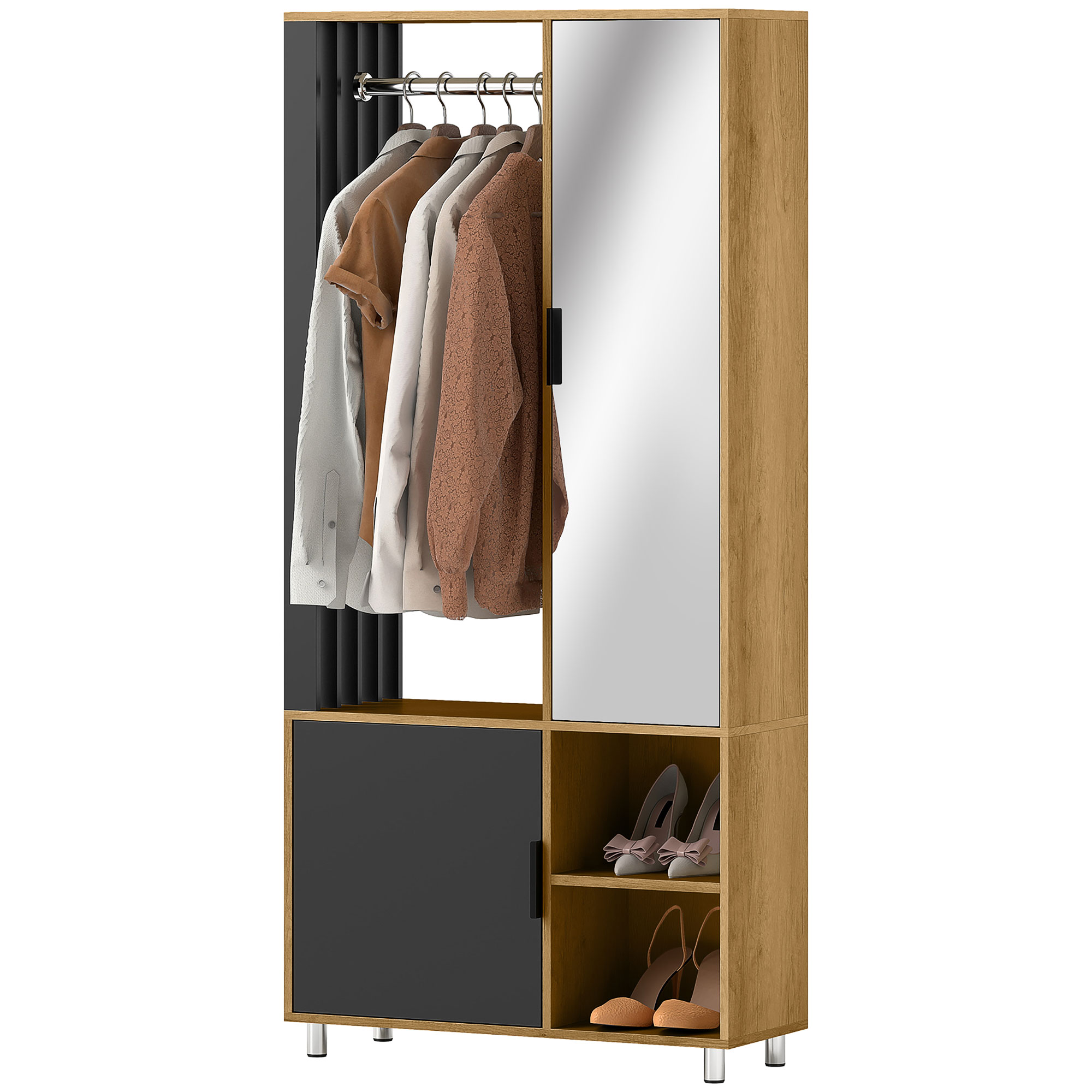 HOMCOM Kleiderschrank Schlafzimmer Garderobe moderne Aufbewahrungsschrank mit Spiegel, offenen Fächern, Schrank und Kleiderstange, 80 x 30 x 170 cm, Naturholz   Aosom