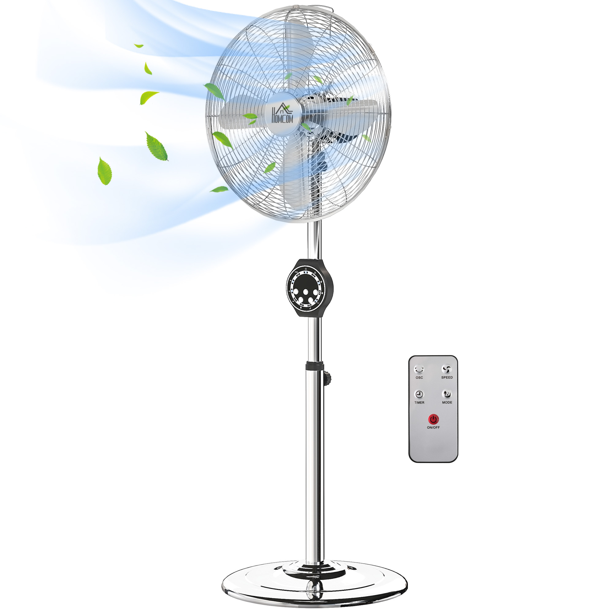 HOMCOM Kraftvoller Standventilator 50 W, höhenverstellbarer Ventilator 120-135 cm, 3 Geschwindigkeiten, 75° Oszillation, 7,5 Stunden Timer, Fernbedienung, Schlafmodus, für Büro und Schlafzimmer, Silber Aosom