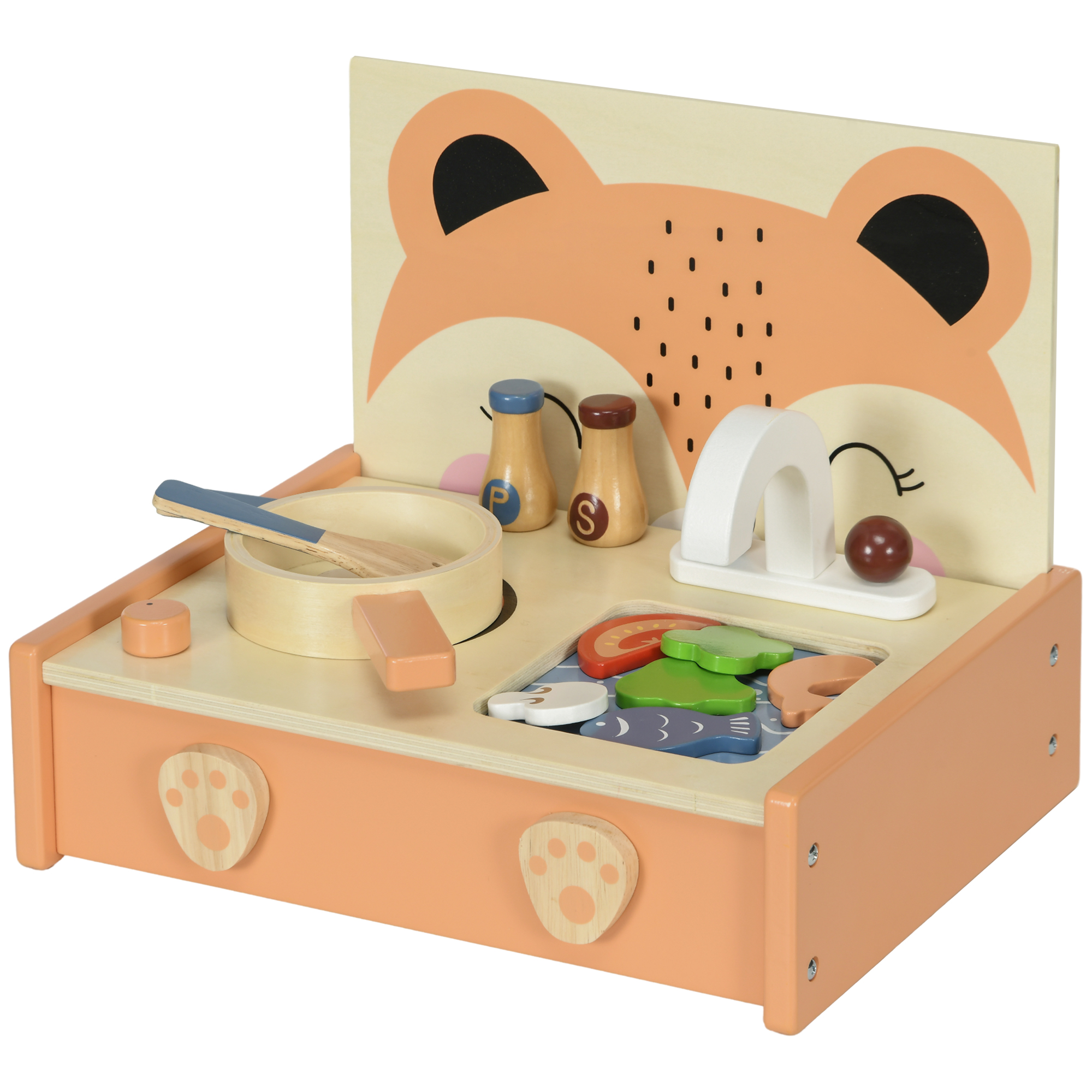 AIYAPLAY Mini-Küche aus Holz Kinderküche Fuchsmuster Rollenspiel für Kinder mit 12 Zubehörteilen Pfanne Pfannenwender Gewürzflaschen Obst Gemüse - für 3-5 Jahre   Aosom