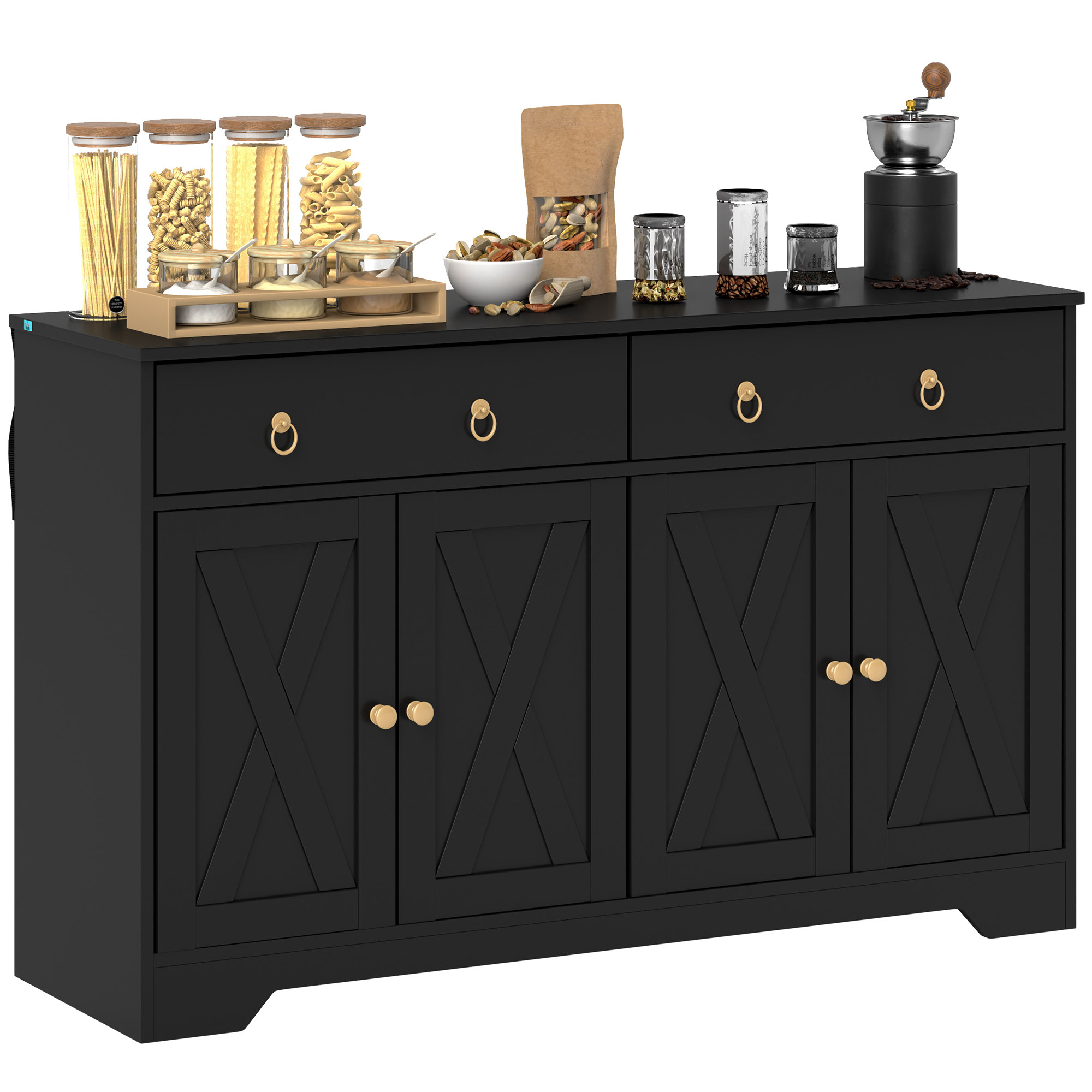 HOMCOM Buffet Möbel Aufbewahrungsschrank Küchenmöbel Landhausstil 2 Schubladen und 2 Schränke mit höhenverstellbaren Regalen - Maße 121L x 37B x 75H cm Schwarz Aosom