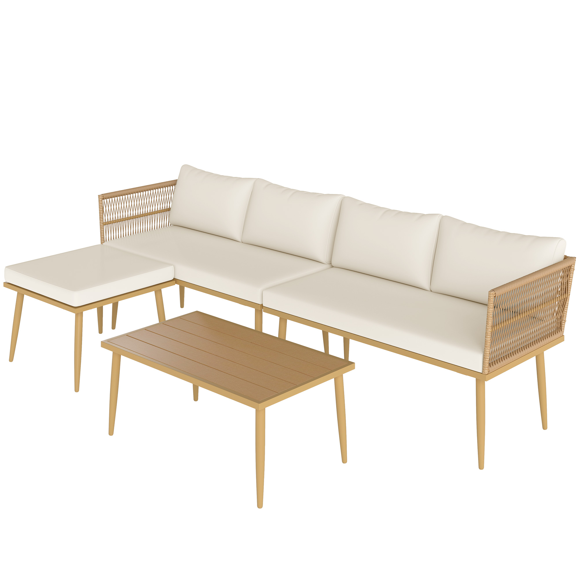 Outsunny Gartenmöbel-Set im Freien aus wetterfestem Kunststoffgeflecht für 5 Personen mit 2 Zweisitzer-Sofas, Hocker und Couchtisch, abnehmbare Kissen inklusive, Gartenmöbel für Balkon Terrasse Veranda, Creme   Aosom