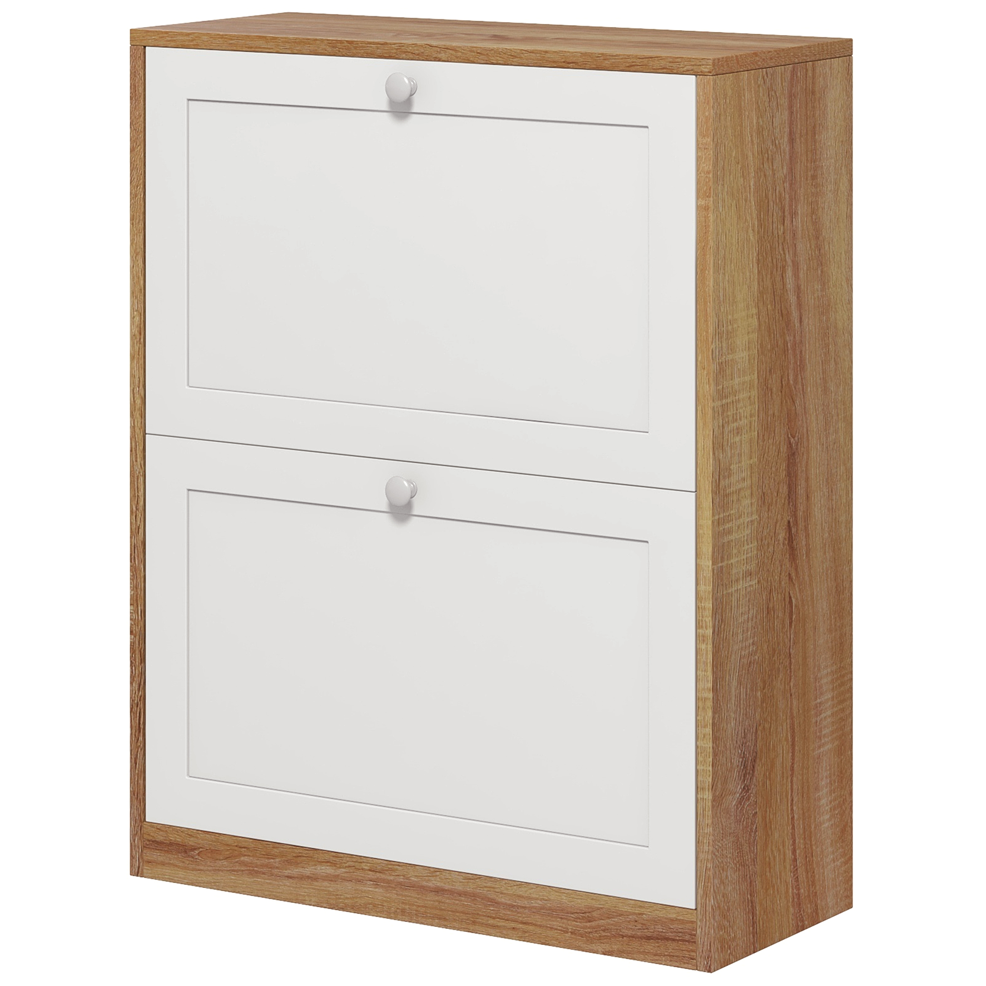 HOMCOM Schuhschrank Slim mit 3 Verstellbaren Regalen auf 2 Ebenen oder Entfernbar für 12 Paare, Schuhschrank aus Spanplatte und MDF Platzsparend, 60x24.5x75.5 cm, Weiß und Eiche   Aosom