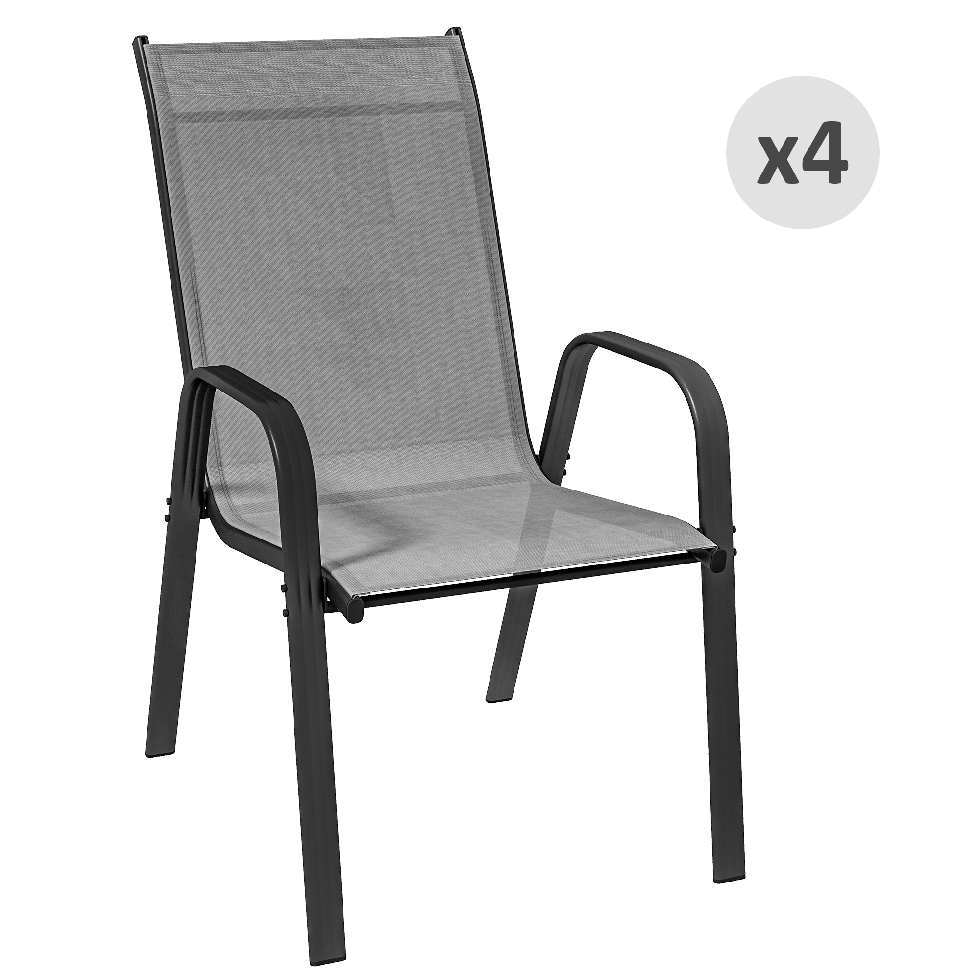 Outsunny Set 4 Stapelbare Gartenstühle mit Armlehnen aus Metall und Atmungsaktivem Netzgewebe, Dunkelgrau   Aosom