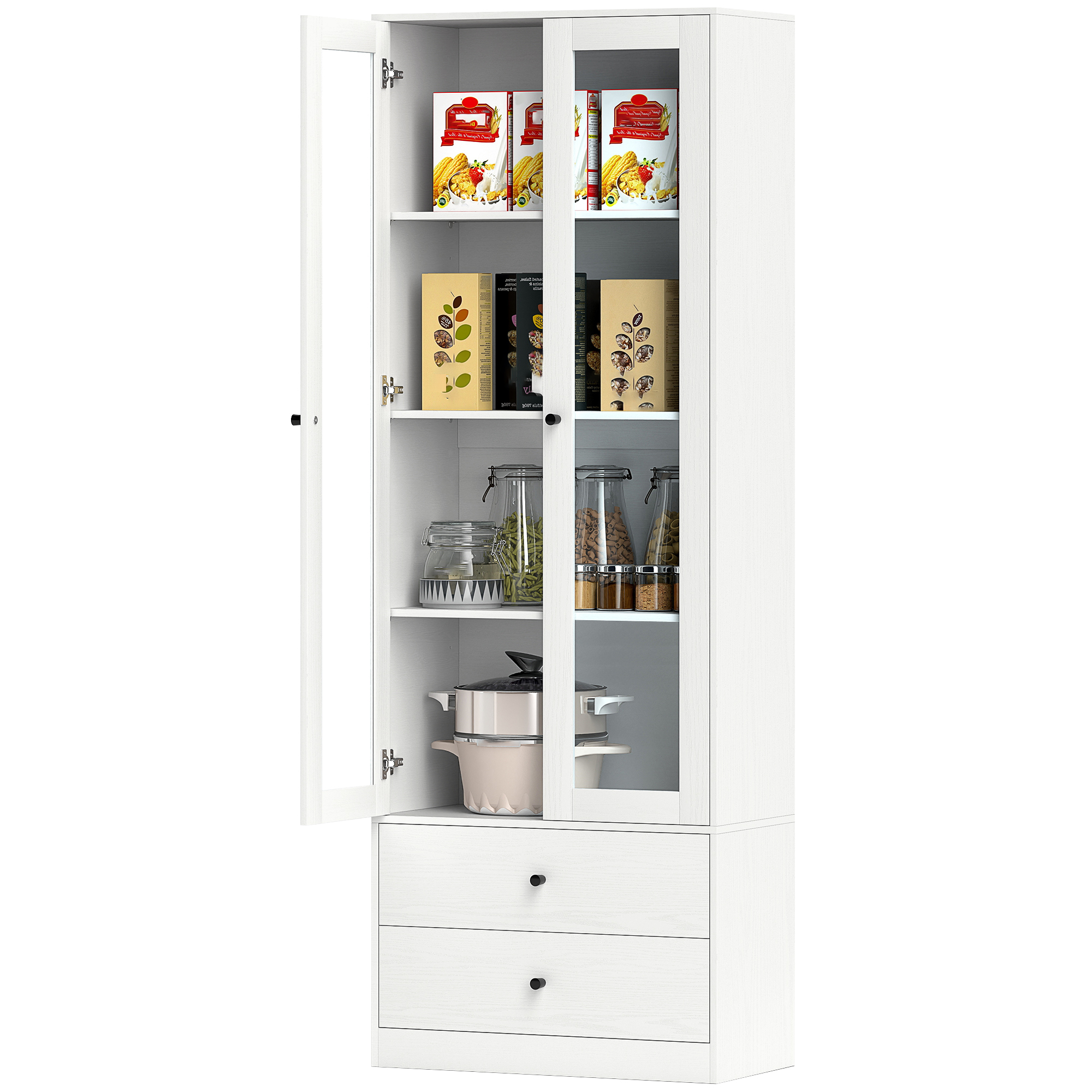 HOMCOM Aufbewahrungsschrank Buffet Wohnzimmer mit Glastüren-Schrank, verstellbaren Regalen und 2 Schubladen, Aufbewahrungsschrank für Wohnzimmer, Küche, Schlafzimmer, 59 x 30 x 164 cm, Weiß   Aosom