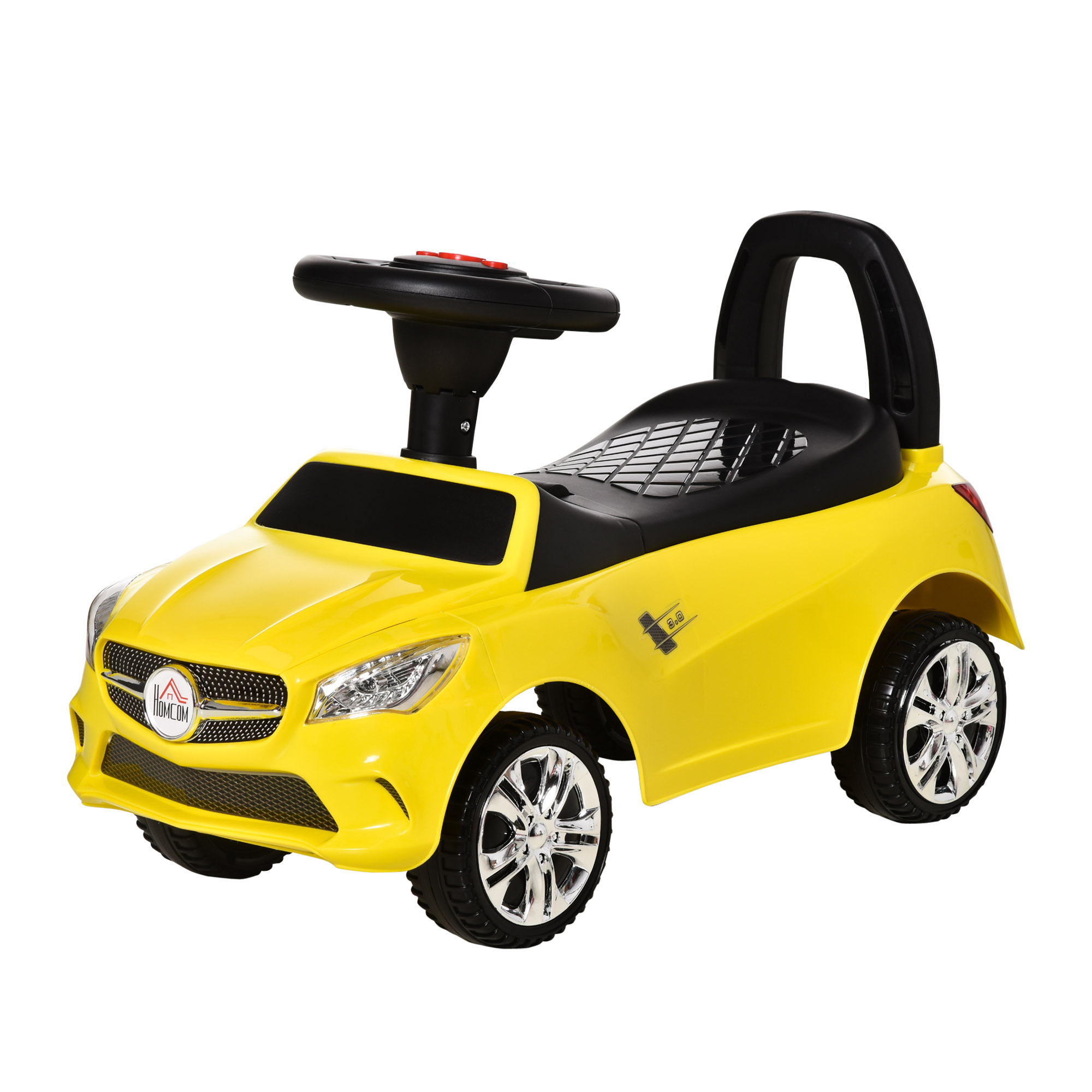 HOMCOM Kinderfahrzeug Rutschauto mit Lenkrad, Scheinwerfern und integrierter Musik, Kinderfahrzeug aus PP und Metall, 63,5x28x36 cm, Gelb   Aosom