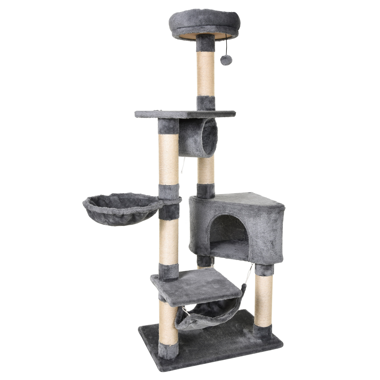 PawHut Kratzbaum für Katzen mit Höhle, Hängematte, schwebenden Betten und Sisal-Kratzpfosten, Grau, 60x40x154cm Aosom