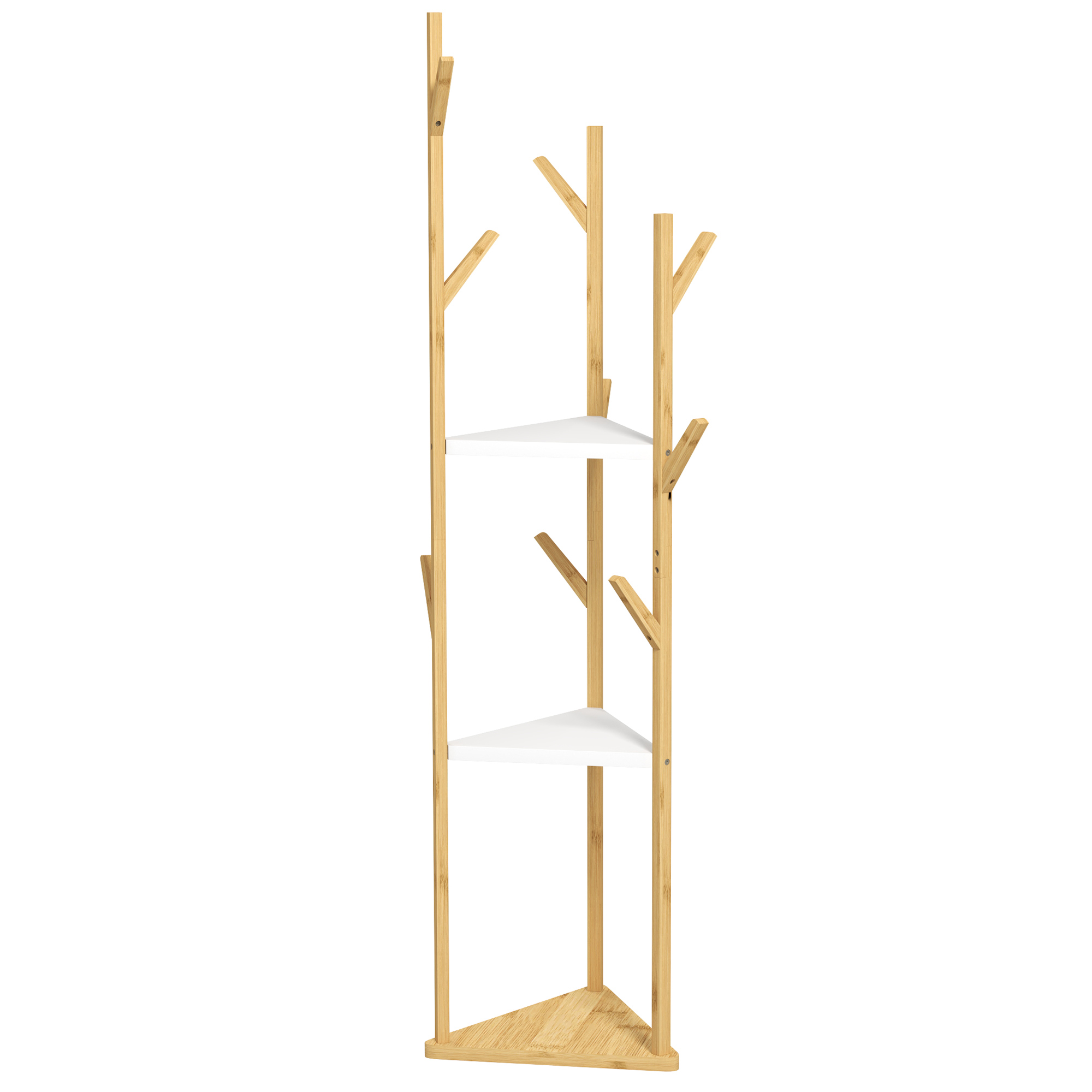 HOMCOM Garderobenständer aus Bambus, Baumgarderobenständer mit 9 Haken und 3 Ablagen für den Eingang, Steh-Garderobenständer für Jacken, Hüte, Kleidung, Mäntel und Taschen, Naturholz und Weiß   Aosom