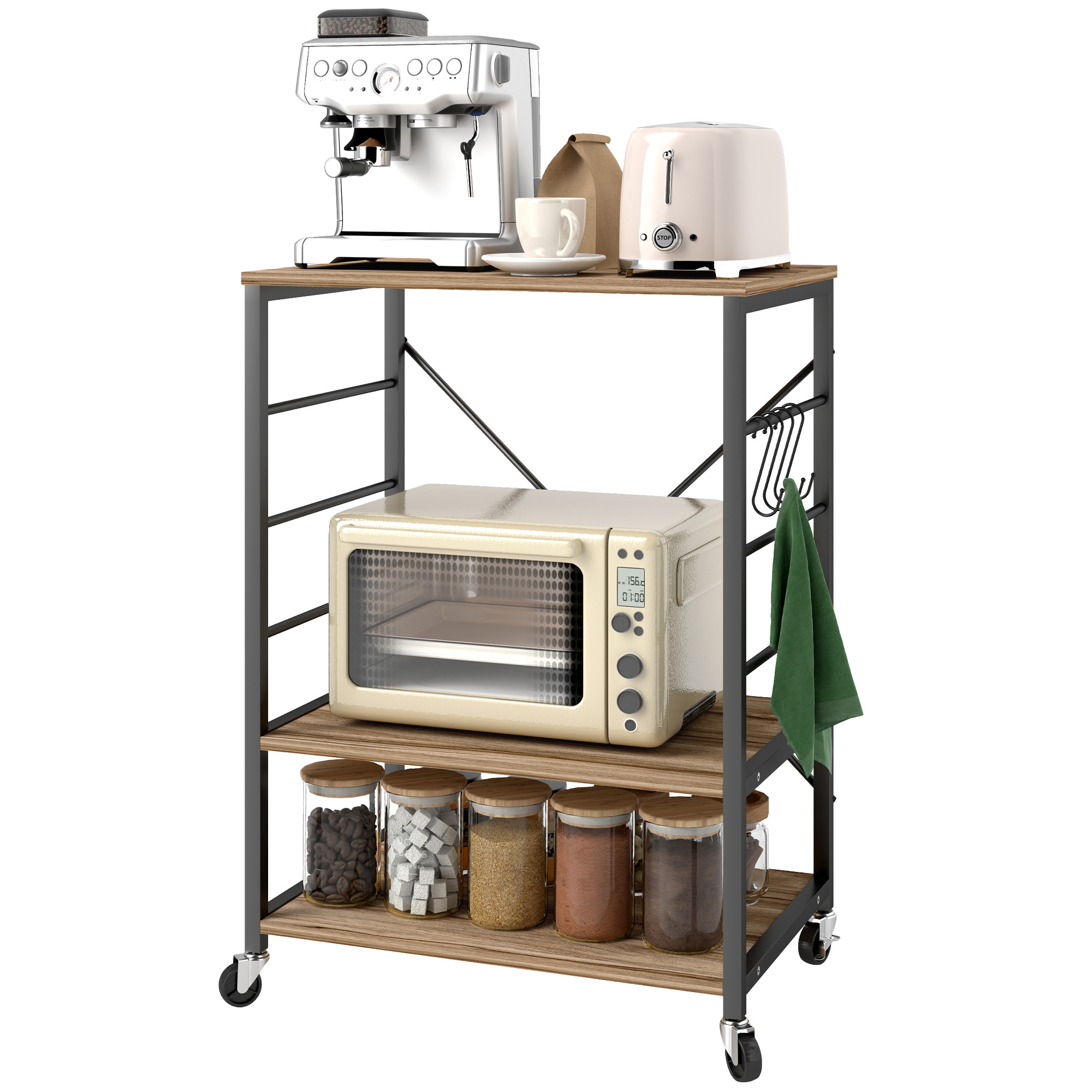 HOMCOM Küchenregal mit 3 Ebenen im Industriestil, Mobil für Mikrowelle und Servierwagen mit Rädern und 4 Haken, Stahlstruktur, für Wohnzimmer und Salon, 60x40x84 cm, Teak   Aosom