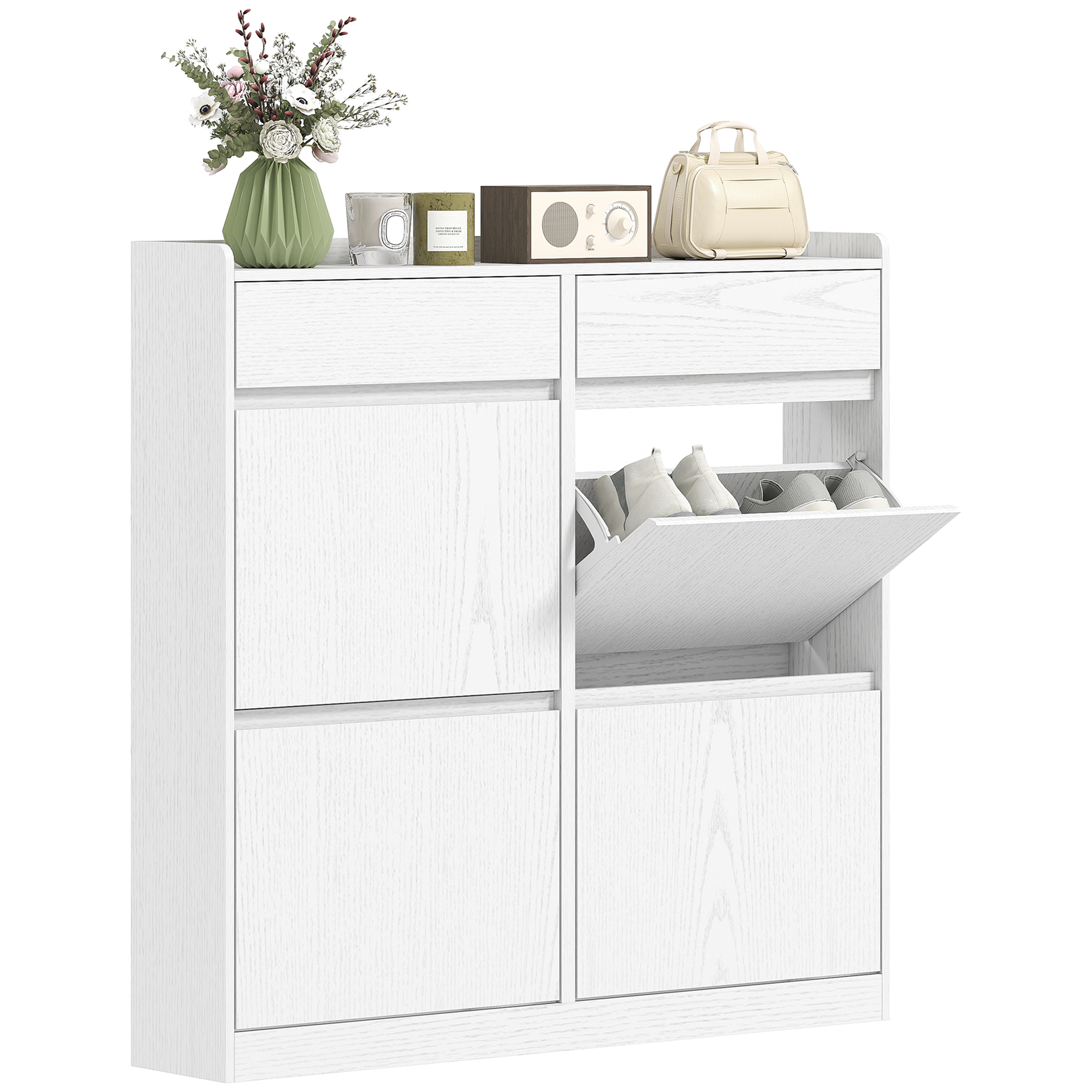 HOMCOM Schuhschrank für 8 Paare, schmaler Schuhschrank für den Eingangsbereich mit 2 Schubladen und 4 klappbaren Schubladen, für Flur und Eingang, 98 x 19,2 x 95,3 cm, weiß   Aosom