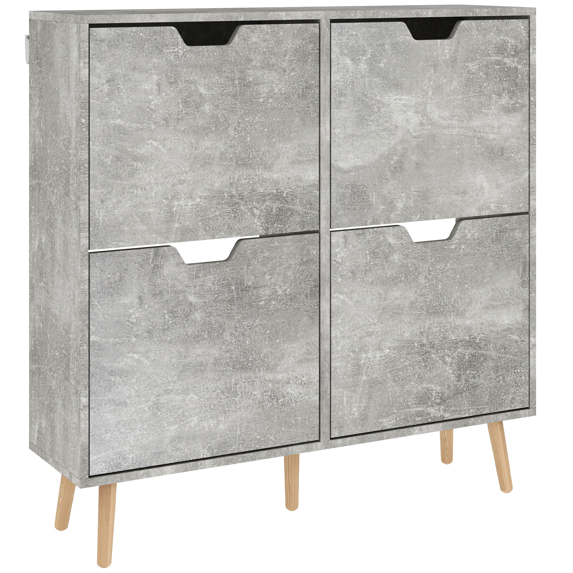 HOMCOM Schuhschrank für Eingangsbereich mit 4 klappbaren Schubladen auf 2 Ebenen für 16 Paar Schuhe, platzsparender Schuhschrank mit verstellbaren Regalen aus Spanplatte und Kiefernholz, 95x26x95 cm, Grau Aosom