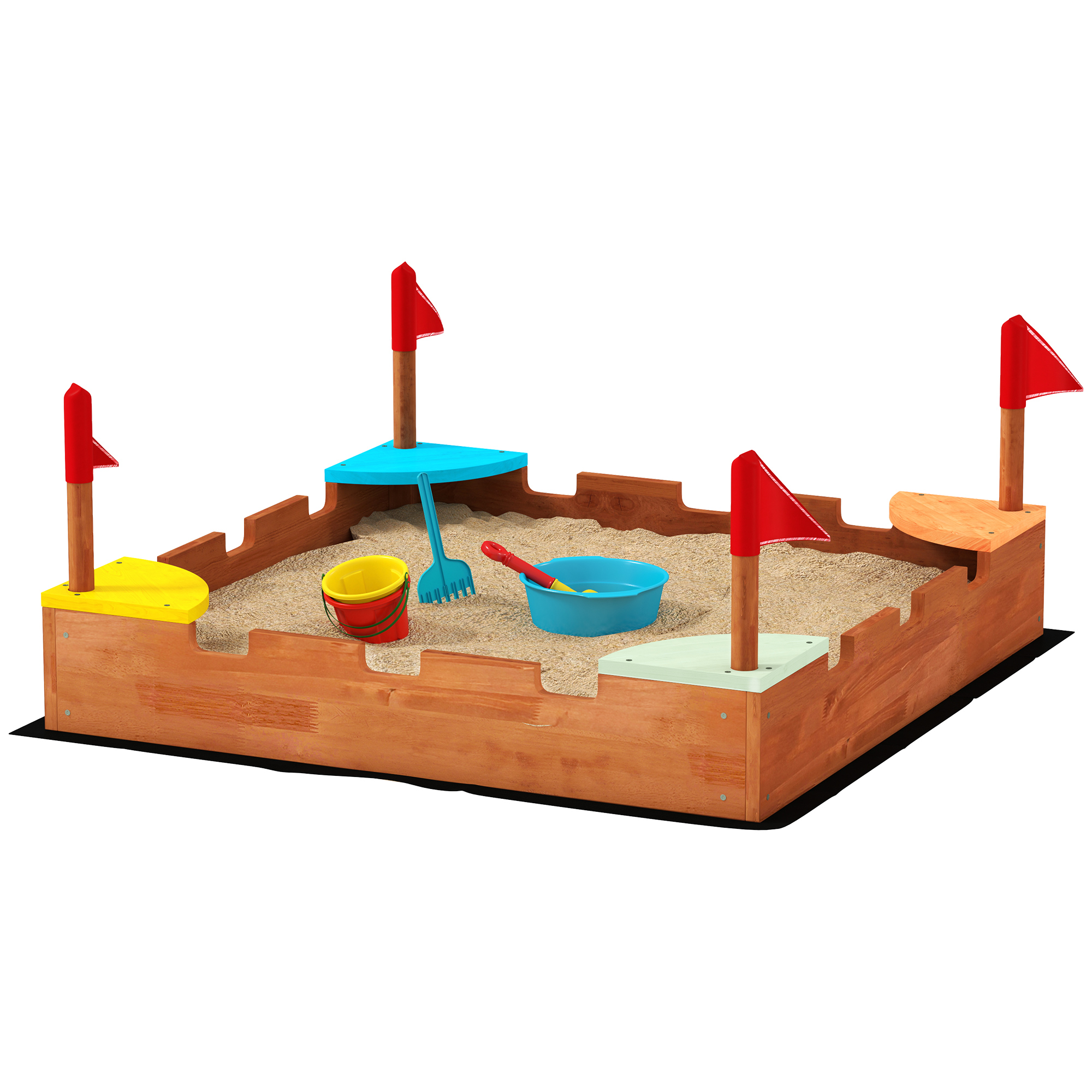 AIYAPLAY Sandkasten für Kinder 3-7 Jahre in Form eines Schlosses mit 4 Sitzen mit Fahnen, Kindersandkasten aus Fichtenholz, 90x90x17 cm, Mehrfarbig   Aosom