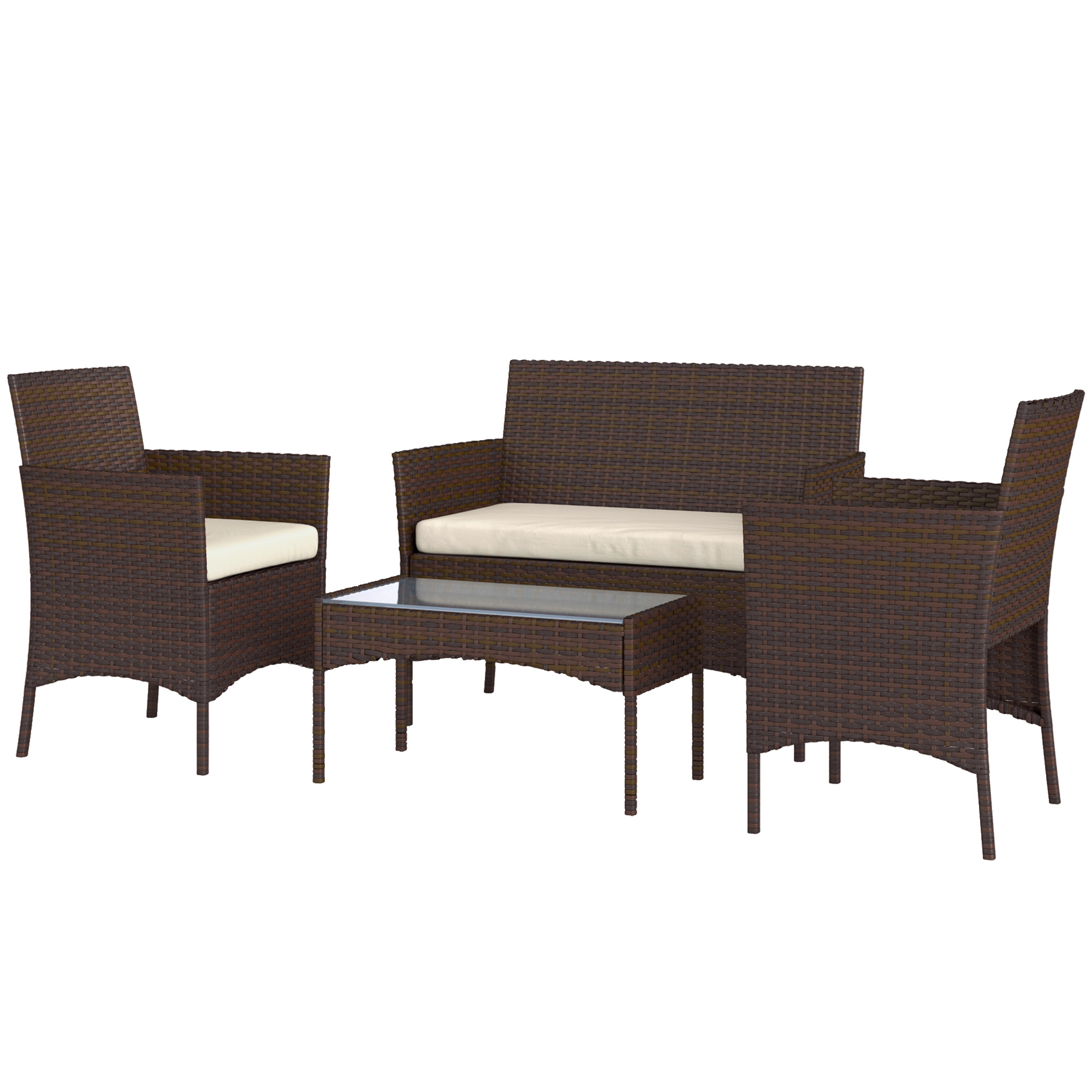 Outsunny 4-teiliges Gartenmöbel-Set aus Rattan, Outdoor-Sofa mit 2 Sitzen, 2 Sessel, Kaffeetisch mit Glasplatte und Waschbaren Kissen, Stahlrahmen, Beige und Braun   Aosom