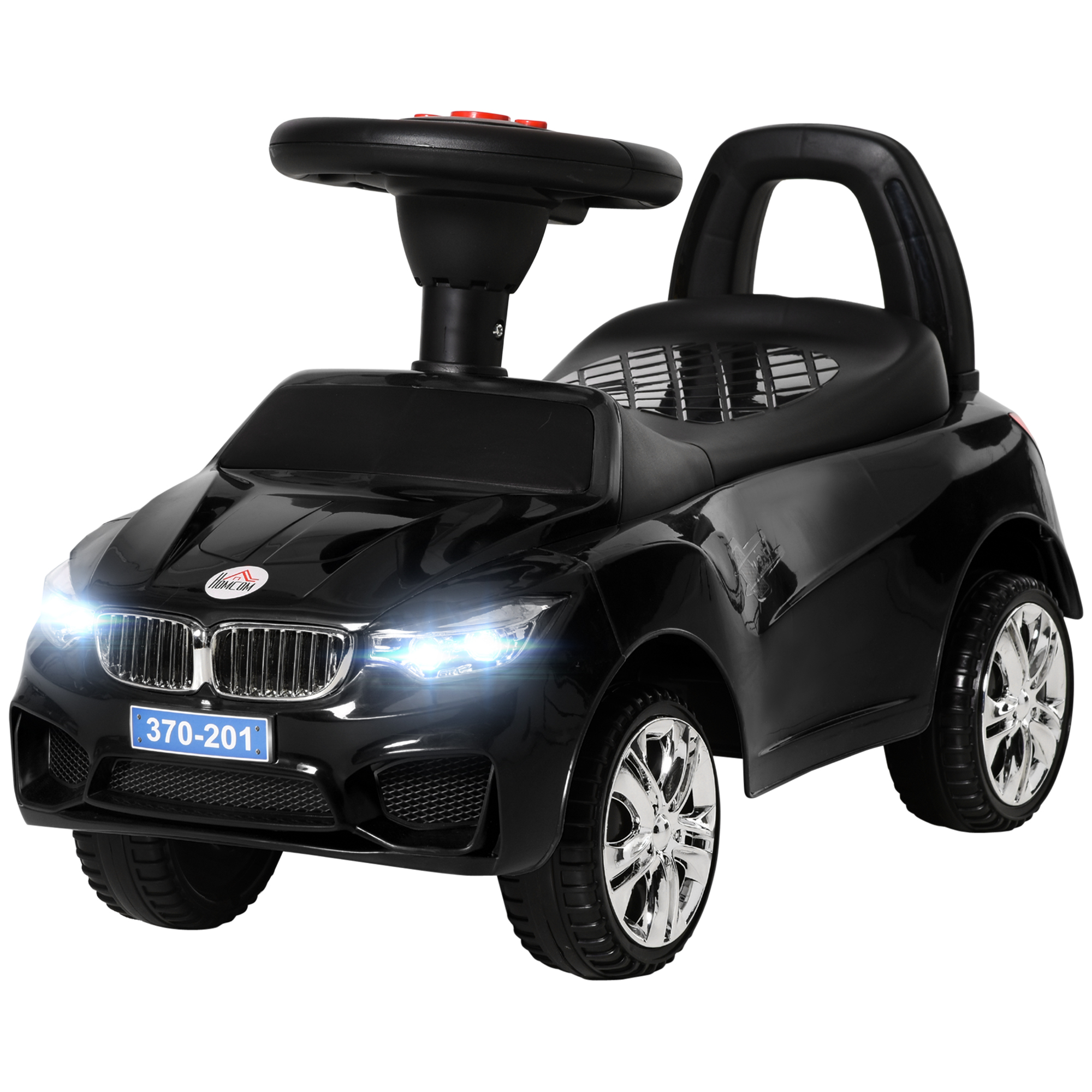 HOMCOM Kinderreitauto mit Lenkrad, Scheinwerfern und integrierter Musik, Auto aus PP und Metall, 63,5x28x36 cm, Schwarz   Aosom