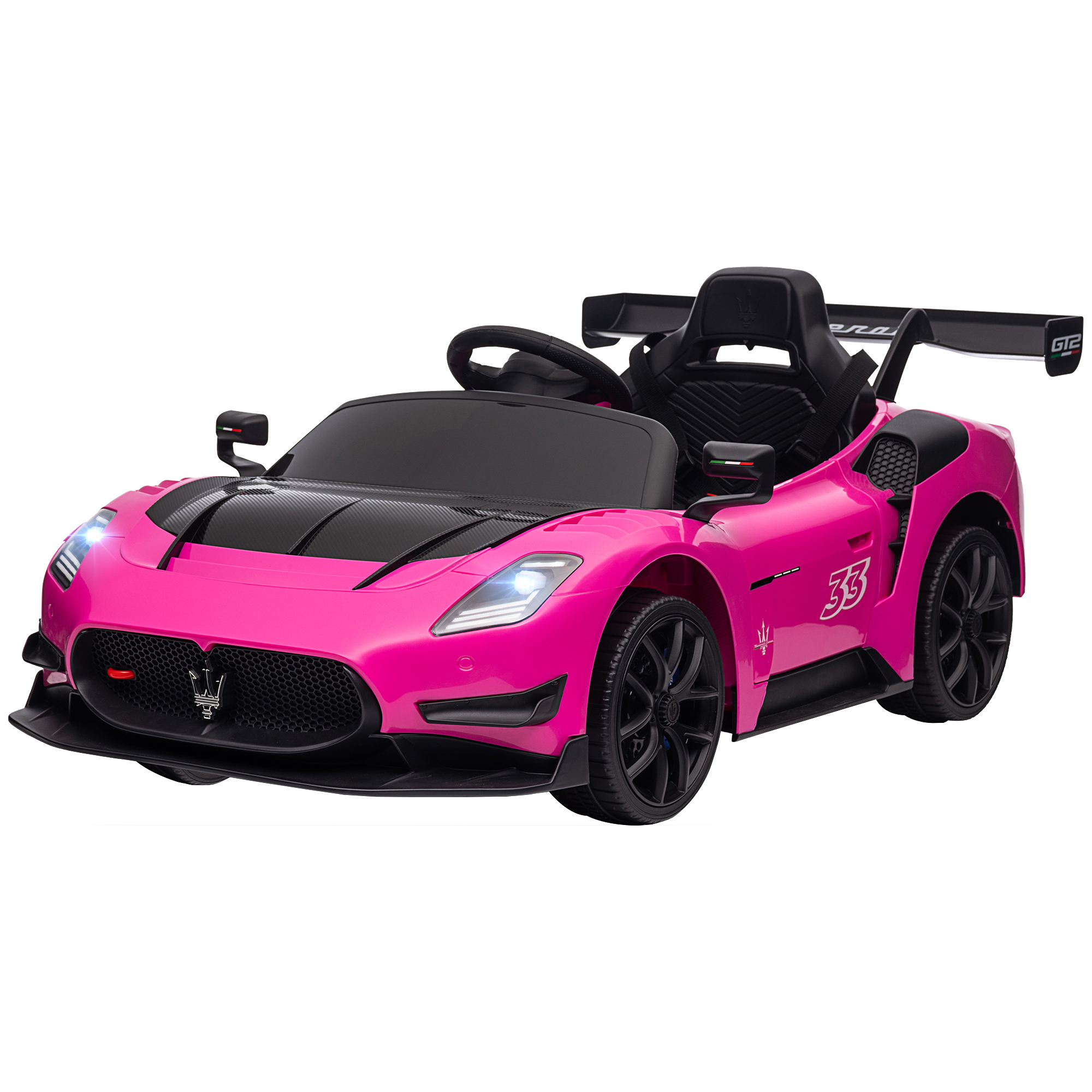 AIYAPLAY Kinder Elektroauto ab +3 Jahren Maserati GT2 Elektroauto mit 12V Batterie mit Fernbedienung LED-Scheinwerfer Hupe Musik und Hilfsräder 115x60x45 cm Rosa   Aosom