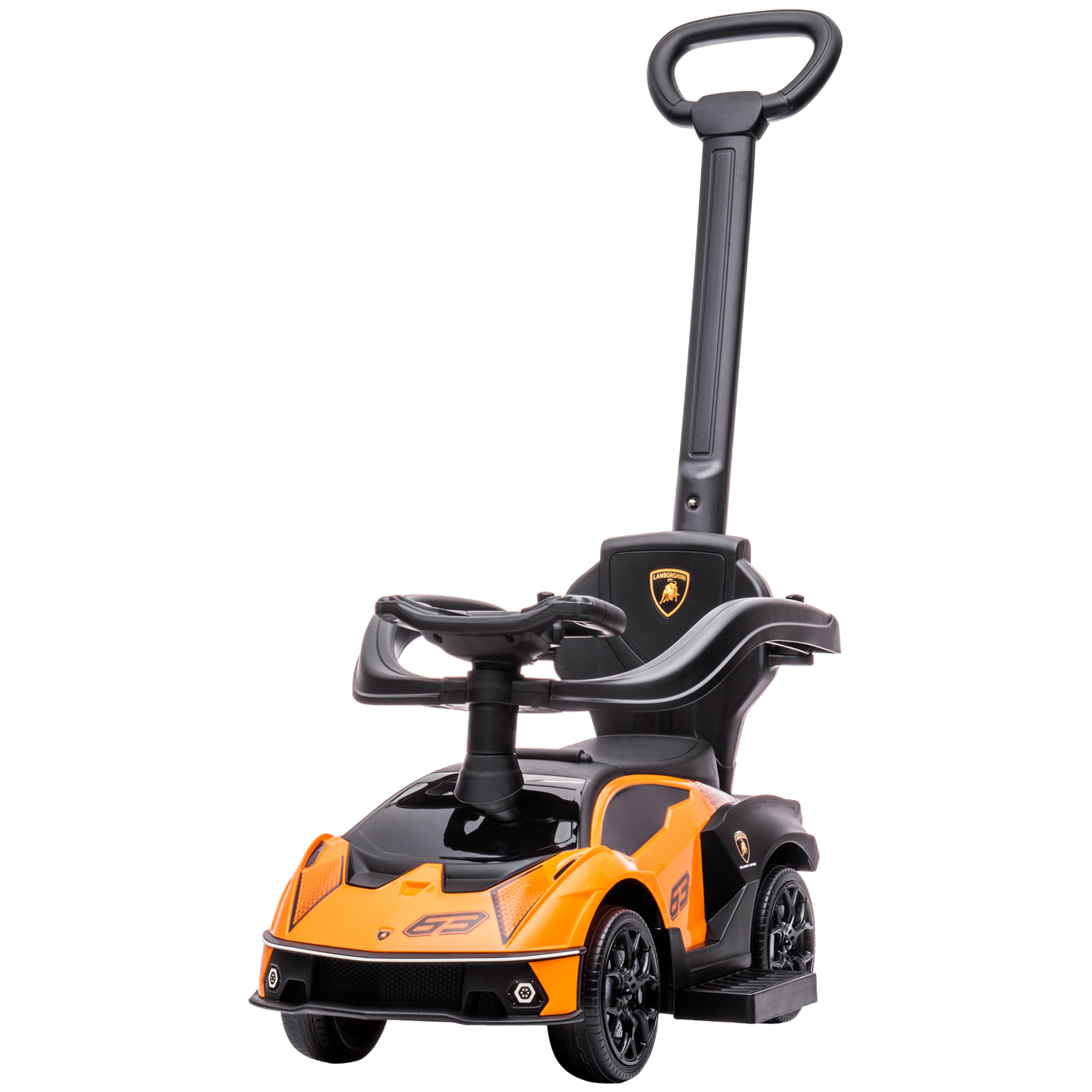 AIYAPLAY Lamborghini Kinderfahrzeug 2 in 1 mit Schiebegriff und Sicherheitsgitter, Lenkrad und Hupe, Kinderauto aus PP und Metall, 86,5x40x89,5 cm, Orange und Schwarz   Aosom