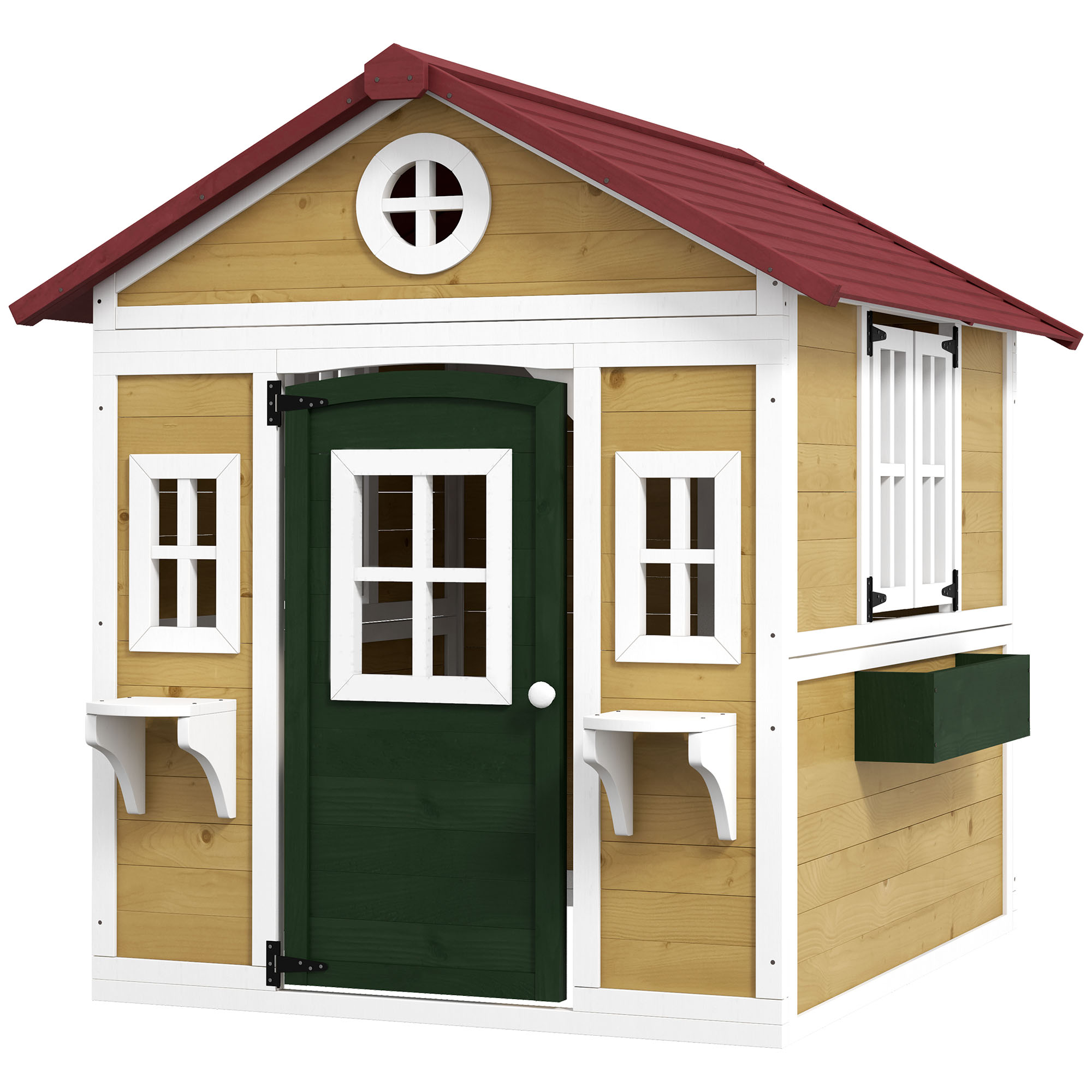 Outsunny Spielhaus für Kinder im Freien, Außenspielhaus für Kinder, mit Tür, Fenstern und Blumenkästen, Gartenhäuschen für Kinder 3-8 Jahre, 114 x 126,4 x 135 cm, beige   Aosom