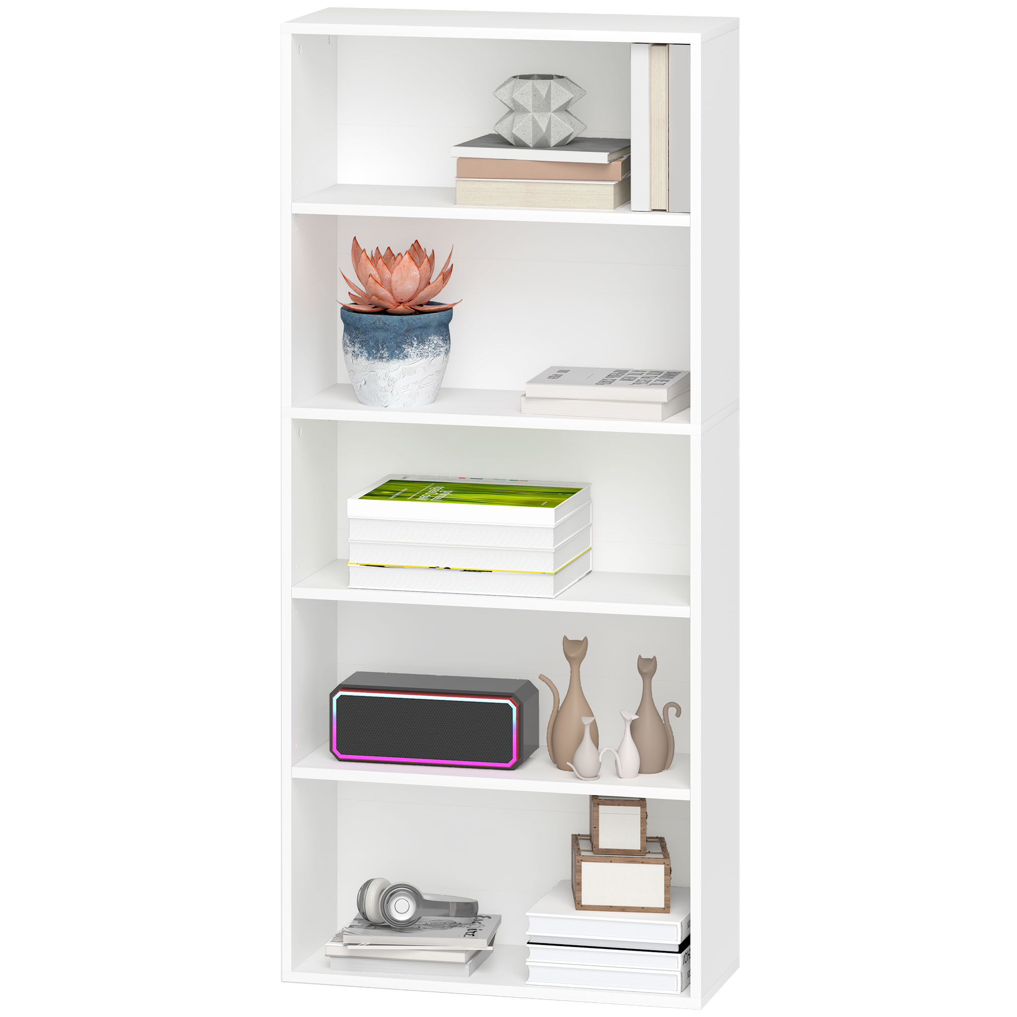 HOMCOM Bücherregal mit 5 offenen Regalen und 3 verstellbaren Regalböden, modernes Holzregal, 60x24x133,5 cm, Weiß Aosom