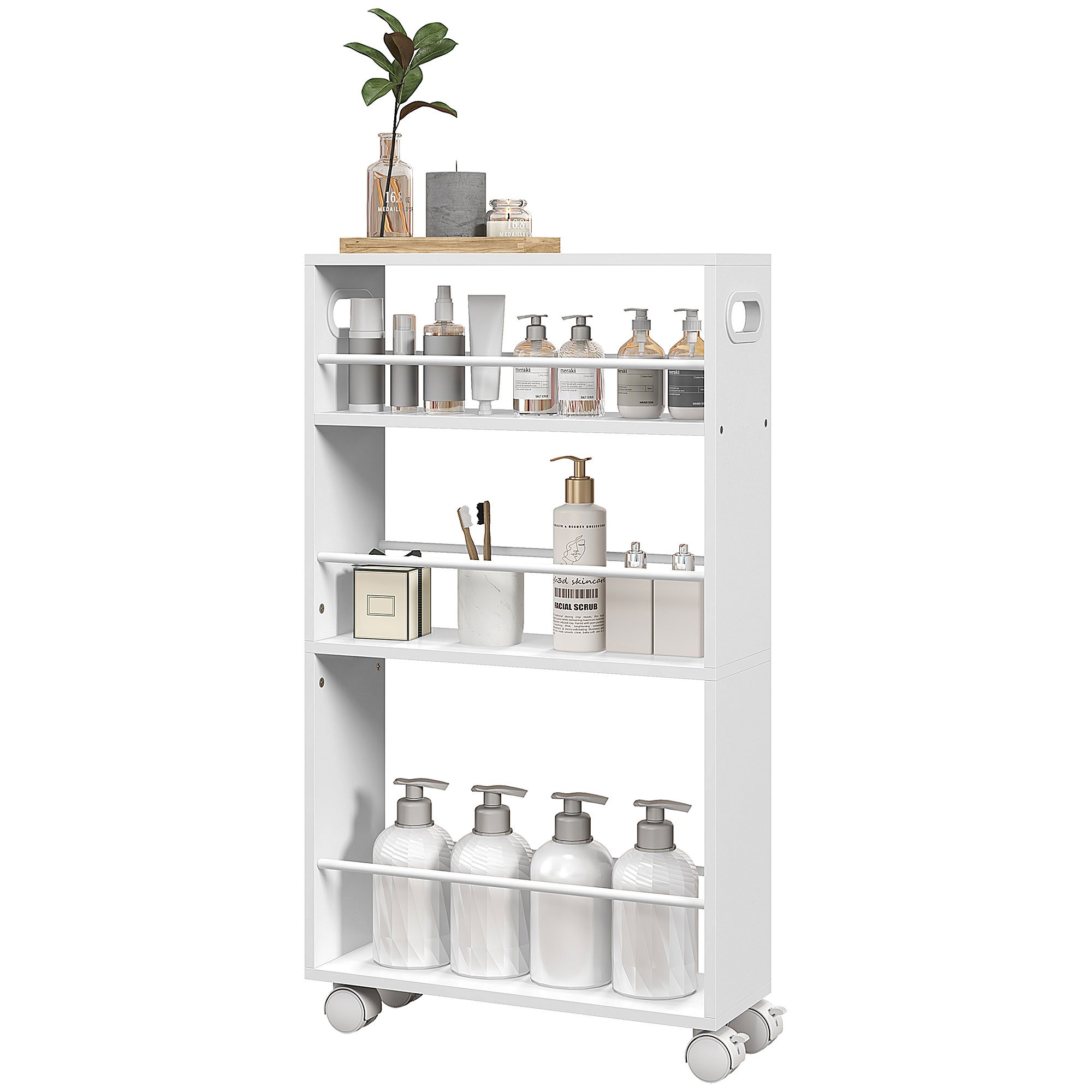 HOMCOM Küchen- und Badezimmerwagen mit 3 Ebenen und Seitengittern, Kompakter Wagen für Küche oder Bad mit 4 Rollen und 2 Bremsen, Schmales Regal aus Holz und Stahl, Weiß   Aosom