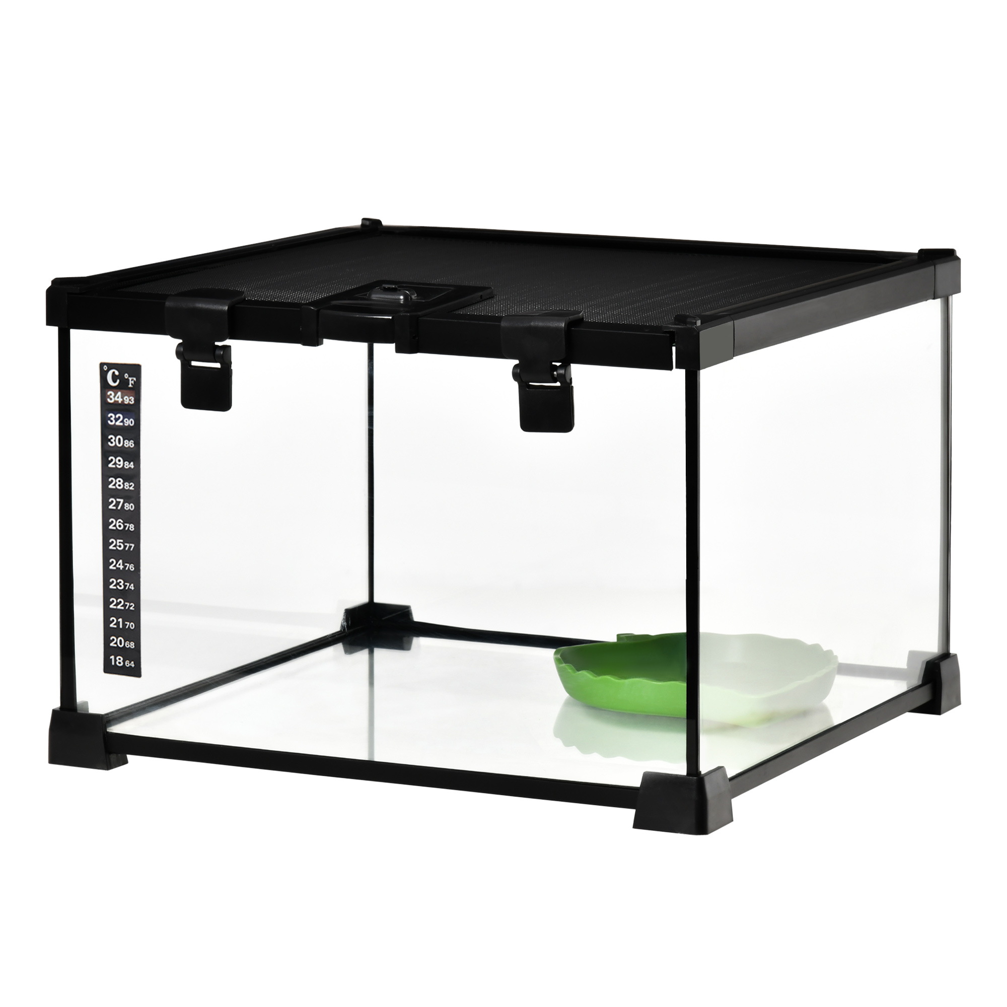 PawHut Terrarium für Reptilien mit Verriegelung und Futterschale, Schildkröten- und Schlangen-Terrarium aus Glas und Drahtgitter, 30x30x20 cm, Schwarz   Aosom