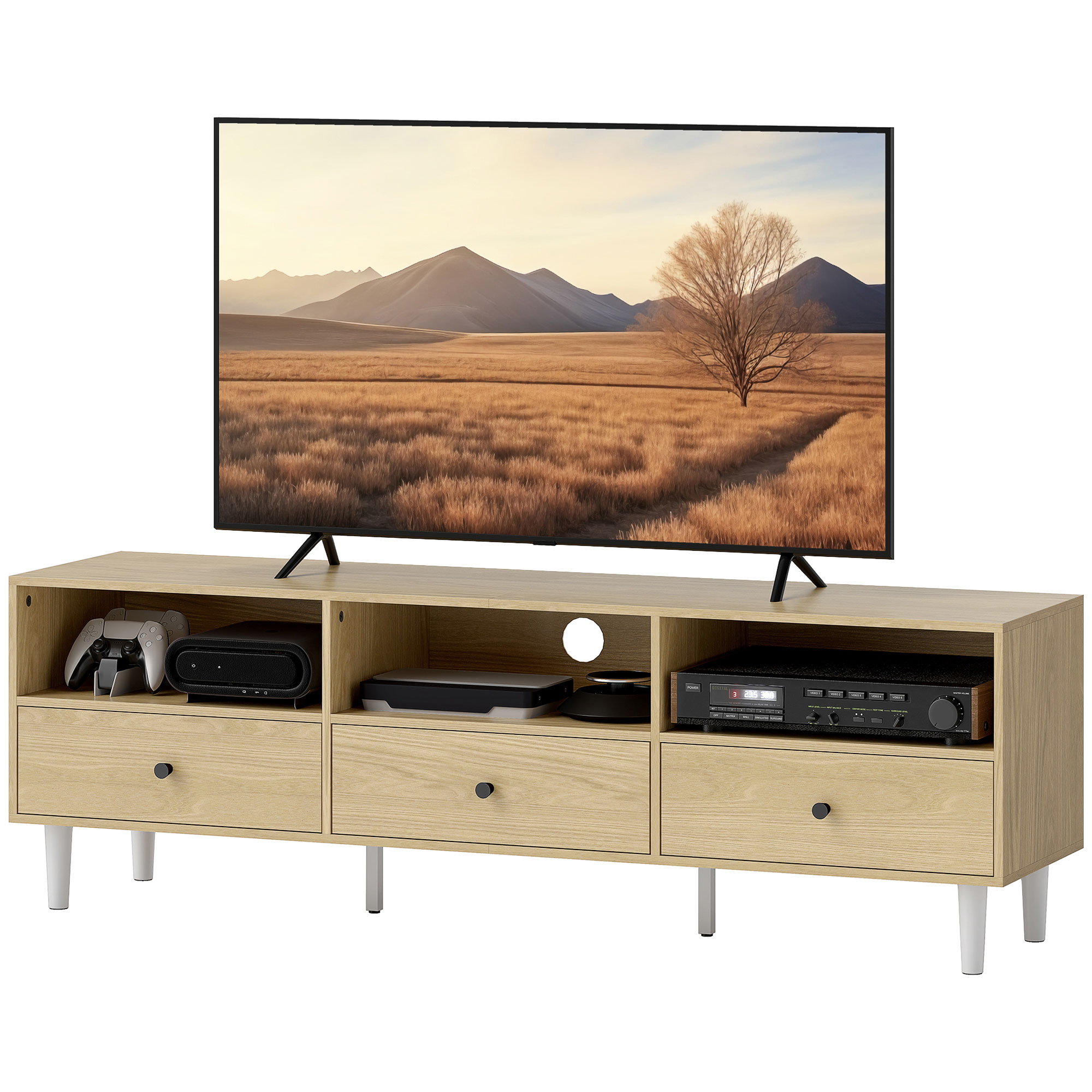HOMCOM TV-Möbel TV-Bank für Fernseher bis zu 75' mit 3 Schubladen, 3 offenen Regalen und Kabeldurchführung, für Wohnzimmer Schlafzimmer, 140 x 34 x 45 cm, Naturholz Aosom