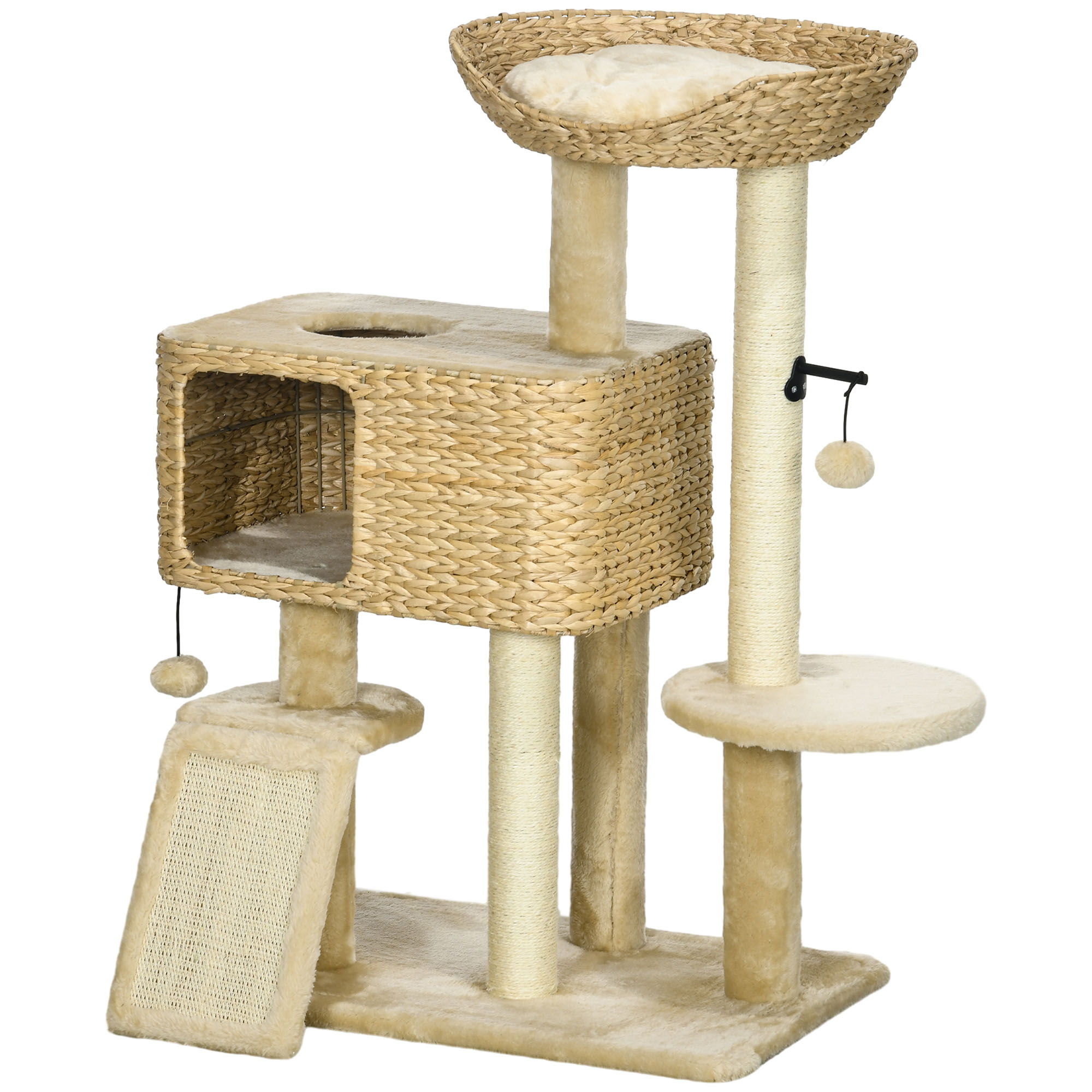 PawHut Katzenbaum mit Katzenhöhle, Podest und Spielball, Katzenturm aus Holz, Polyester, Sisal und PP-Baumwolle, 60x40x95 cm, Braun und Beige   Aosom