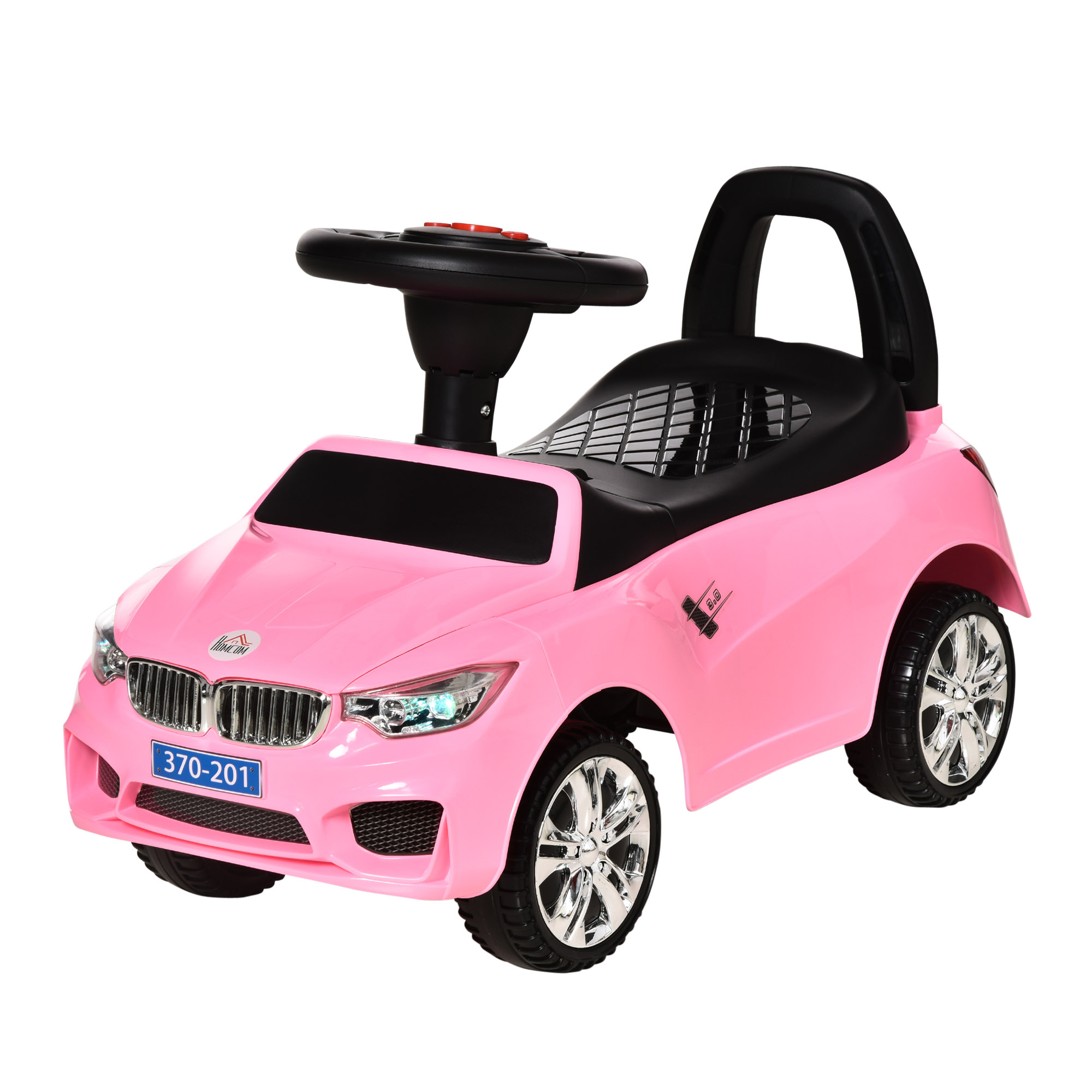 HOMCOM Kinder Rutschfahrzeug mit Lenkrad, Scheinwerfern und integrierter Musik, Kinderfahrzeug aus PP und Metall, 63,5x28x36 cm, Rosa   Aosom