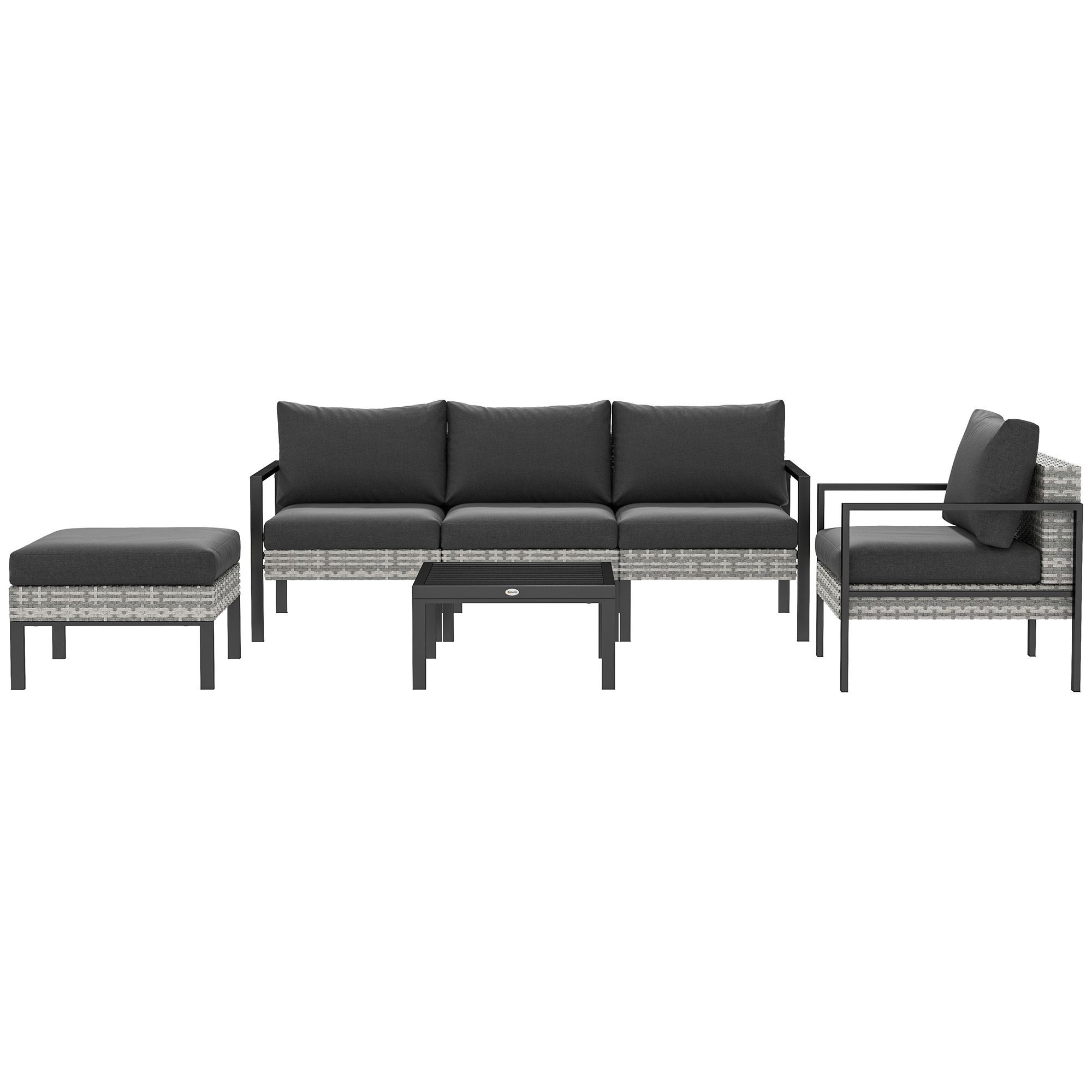 Outsunny Gartenlounge-Set für 5 Personen, Balkon-Lounge aus Kunststoff-Rattan mit Sesseln, Hocker und Couchtisch, inkl. abnehmbaren Kissen, Belastbarkeit 120 kg, Hellgrau   Aosom
