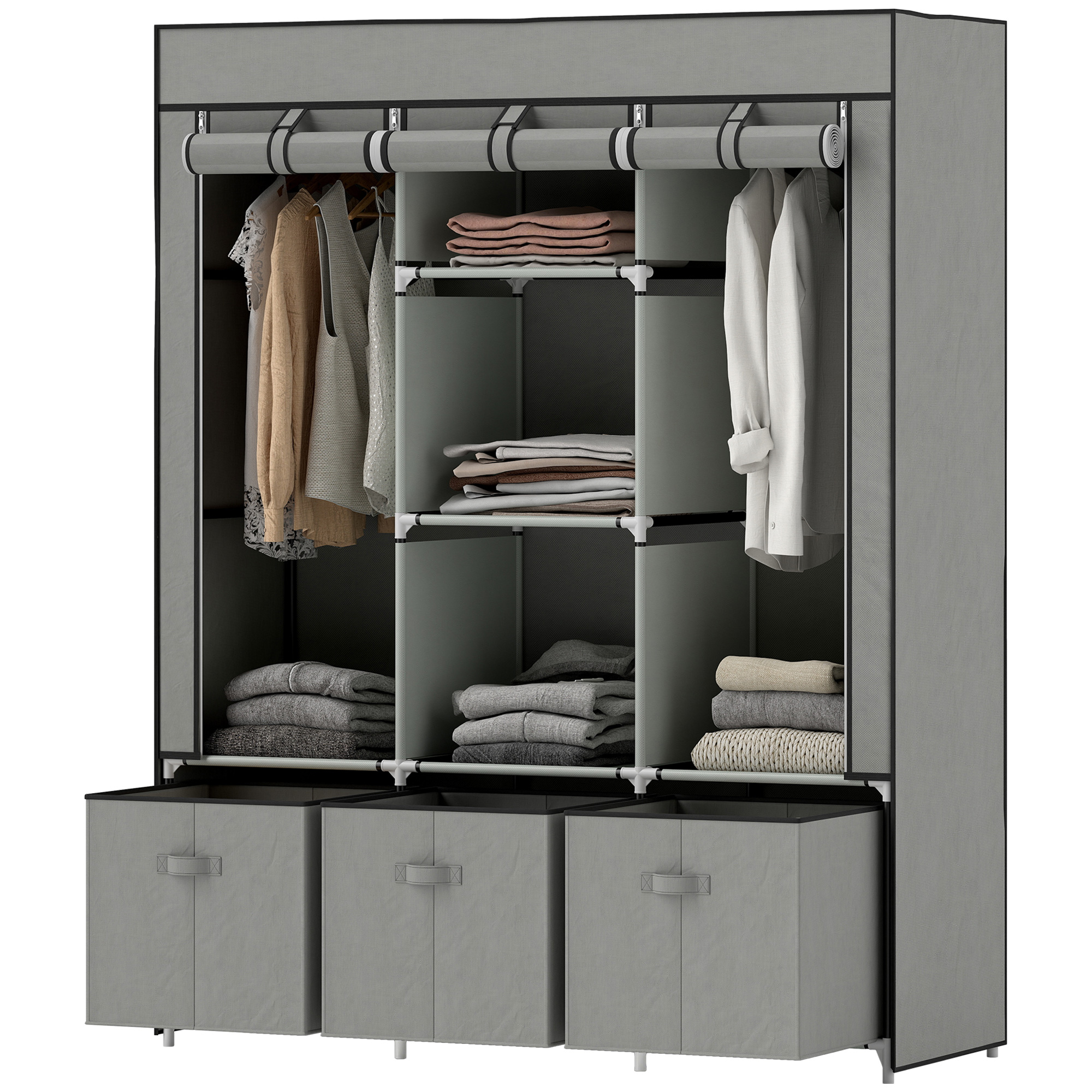 HOMCOM Kleiderschrank Stoffschrank mit Kleiderstange, Schubladen, Reißverschluss Faltschrank für Schlafzimmer, Ankleidezimmer, 125 x 43 x 162,5 cm, Hellgrau Aosom