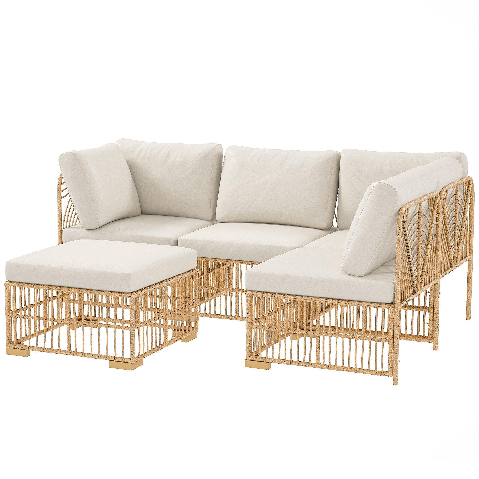 Outsunny Ecklounge-Set aus Polyrattan Gartenmöbel Set mit Ecksofa Sessel Hocker Kissen wetterfest Gartenlounge für 5 Personen Balkonmöbel Outdoor Sitzgruppe für Garten Balkon Naturholz+Cremeweiß Aosom