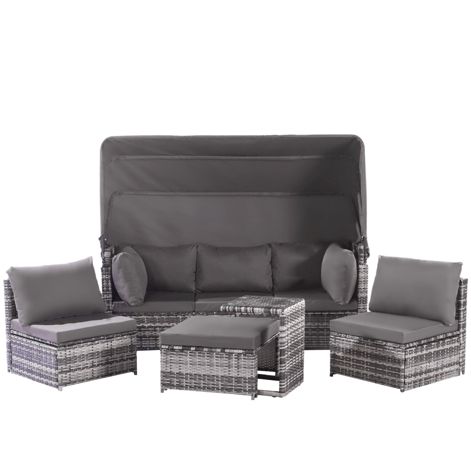 Gartenlounge-Set aus Rattan, Sonneninsel Sitzgruppe mit Sofa, Sesseln, Hocker und Tisch, Grau