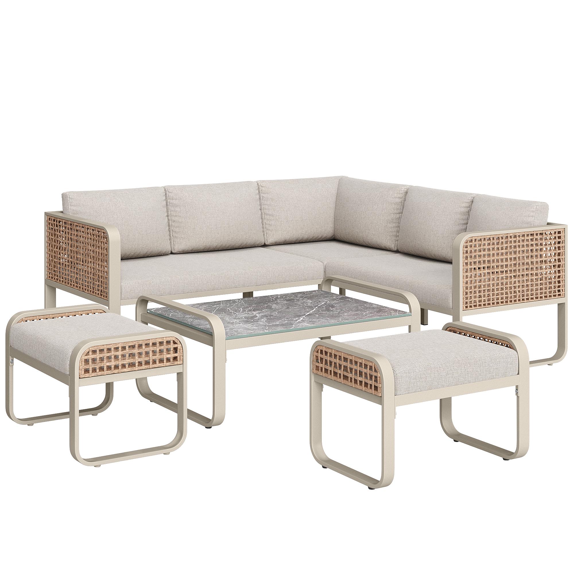 Loungemöbel Rattan-Garten-Sofa mit Kissen Verstellbare Tischbeine Garten Modernes Garten-Lounge-Set Beige   Aosom.de