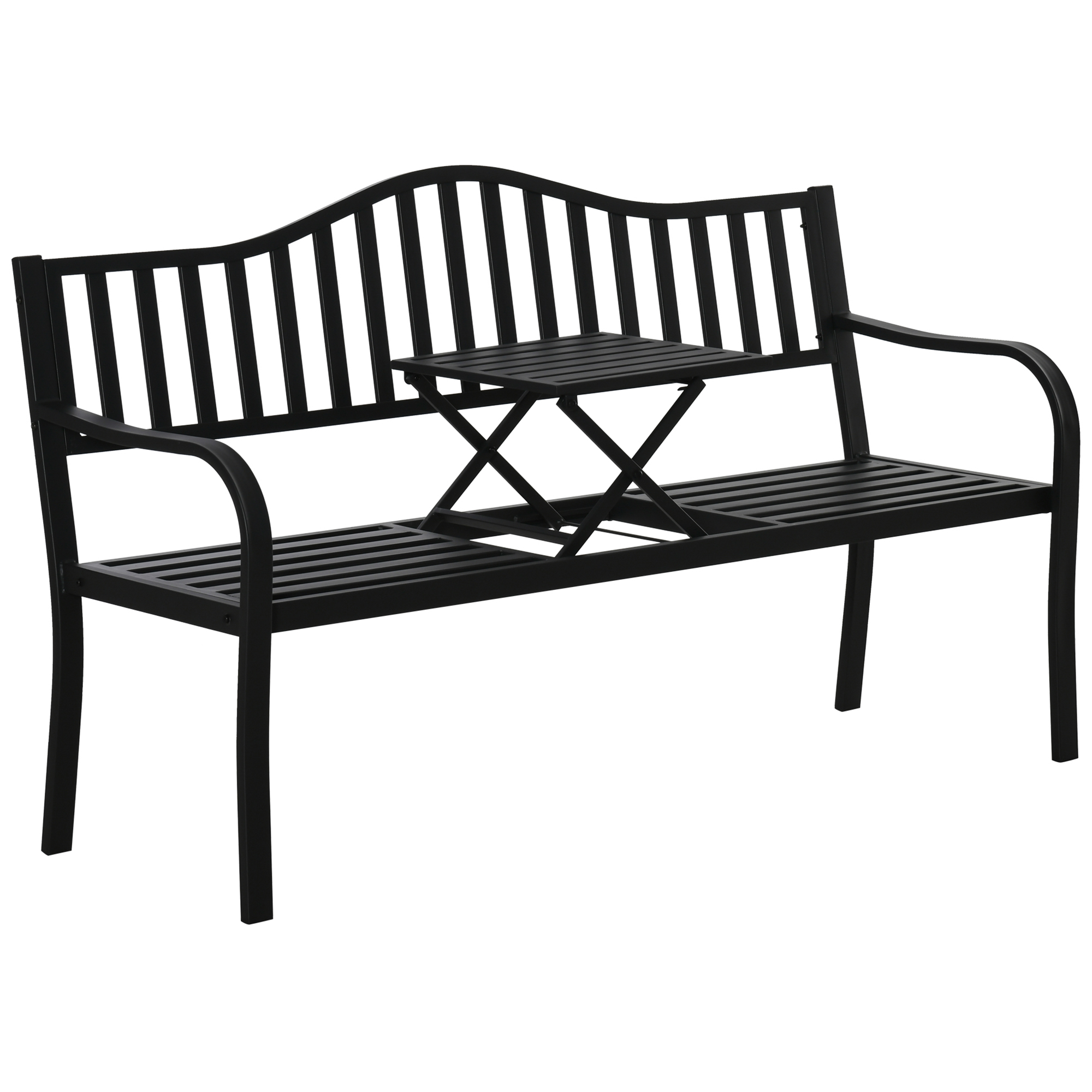 Outsunny Gartenbank mit ausziehbarem Tisch für 2-3 Personen, Metall Parkbank, Sitzbank Terrassenbank Gartenmöbel Schwarz 150x58,5x90cm   Aosom.de