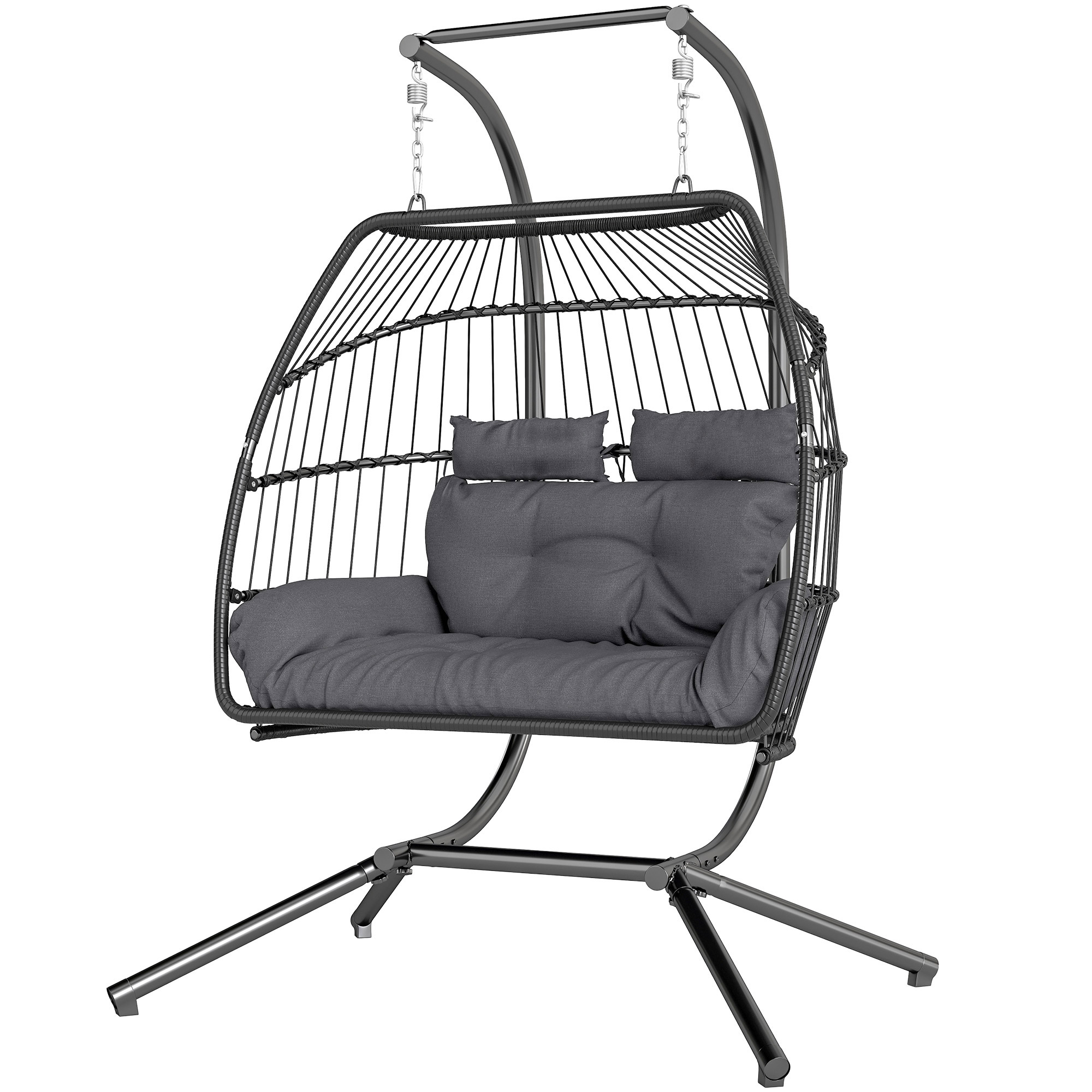 Outsunny Hängesessel mit Gestell faltbar Hängekorb mit Kissen Polyrattan Ergonomisch Hängeschaukel für 2 Personen Outdoor Hängestuhl belastbar bis 260kg Sessel für Balkon Terrasse Dunkelgrau   Aosom