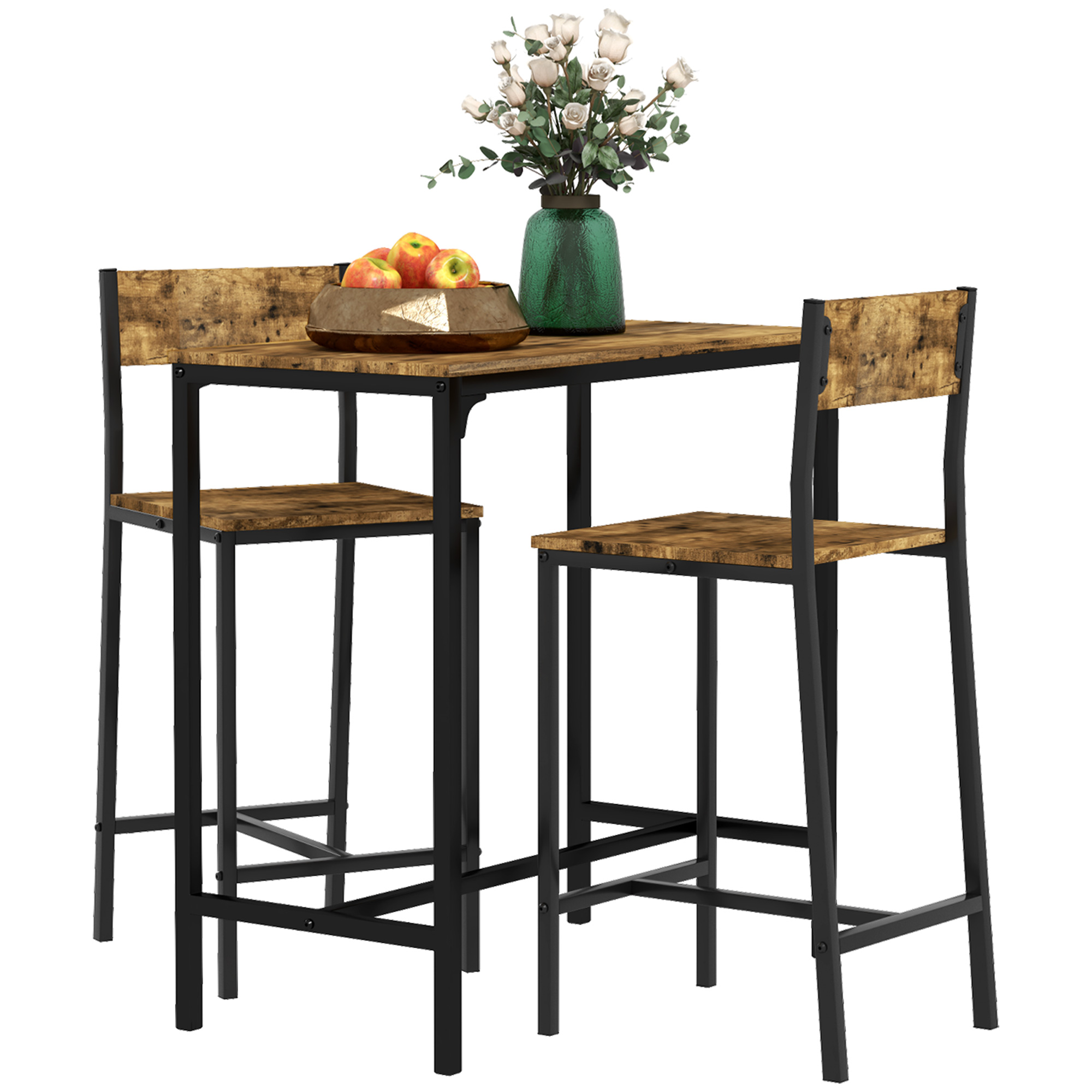 HOMCOM Bartisch Set Bartisch mit Barhocker-Set Esstisch mit 2 Stühlen mit Rückenlehne Küchentisch für Esszimmer, Küche, Rustikal-Braun Aosom