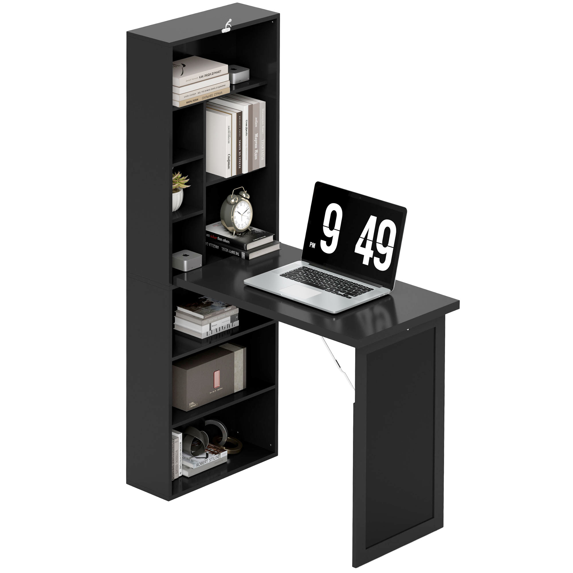 HOMCOM Schreibtisch mit Regal und Tafel, Platzsparender Schreibtisch mit klappbarer Pinienholzplatte und verstellbaren Regalen, für Jugendzimmer, Arbeitszimmer, Büro, 98x51x153 cm, Schwarz Aosom