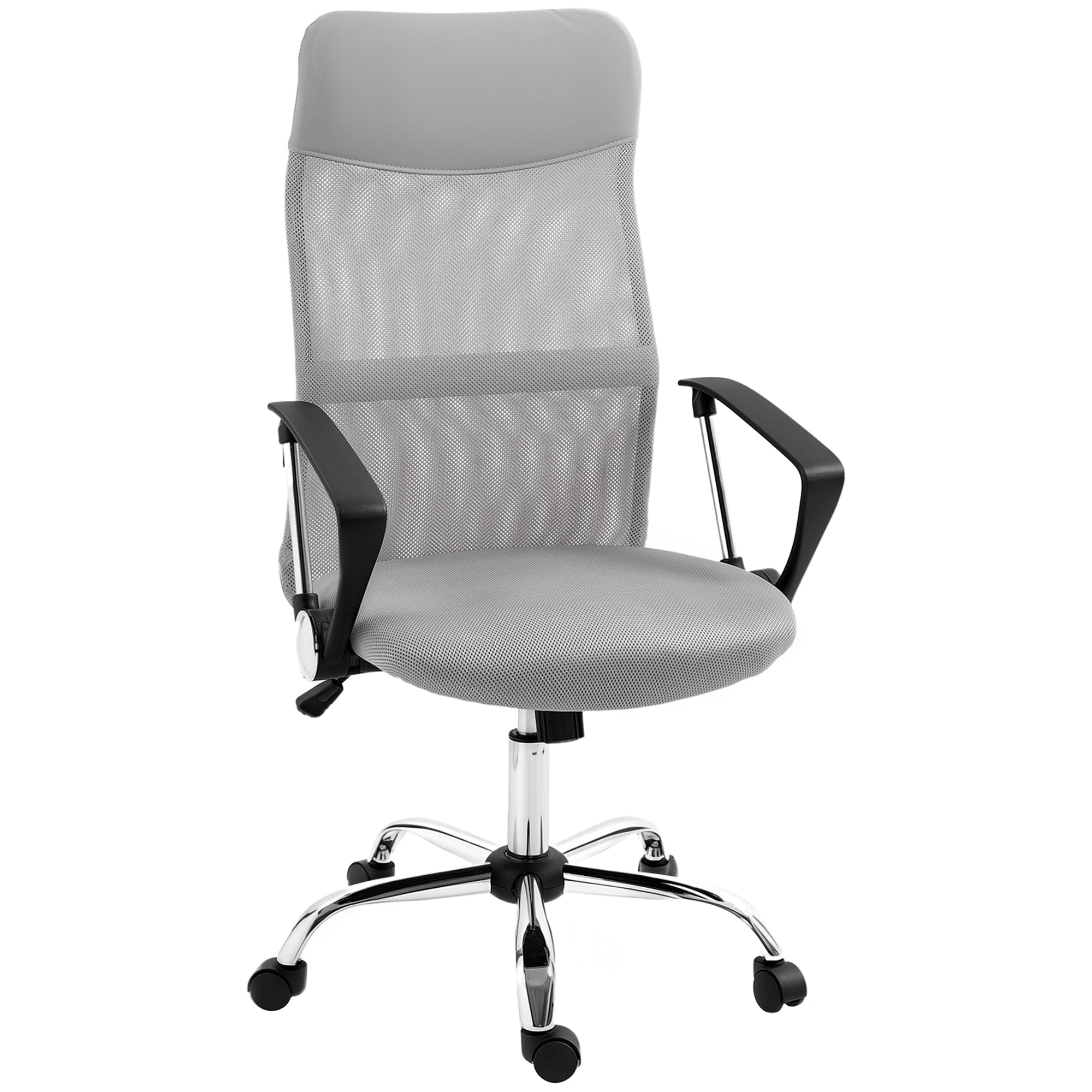 HOMCOM Bürostuhl, Drehbarer und Schaukelbarer Ergonomischer Bürostuhl mit Rollen, Höhenverstellbar und Netz-Rückenlehne, 63x65x109-119 cm, Hellgrau Aosom