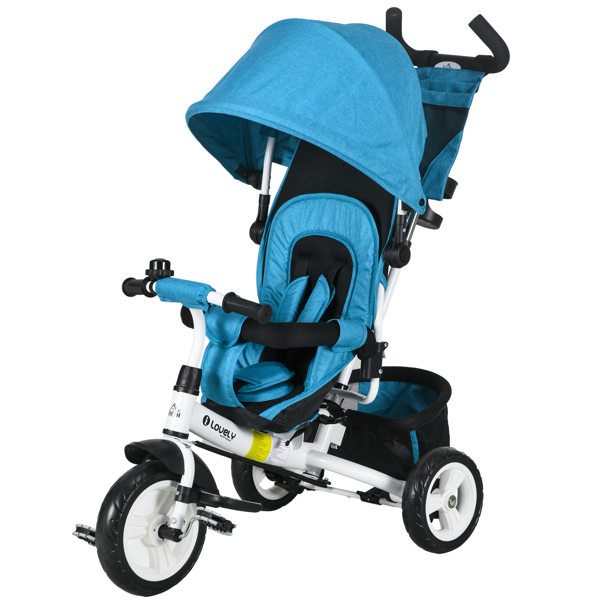 HOMCOM 6-in-1 Dreirad mit Schubstange, Kinderdreirad mit abnehmbarem Sonnendach, Kissen, Laufrad mit 5-Punkt-Sicherheitsgurt, Korb, Becherhalter, für 1-5 Jahre Kinder, Blau Aosom