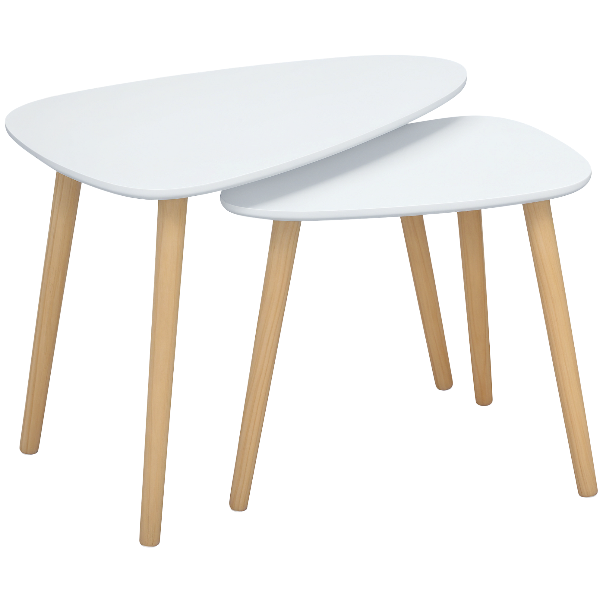 HOMCOM 2er Set Beistelltische, platzsparende Satztische, Couchtische mit Holzbeinen, Sofatische im Skandi-Design Belastbar bis 10 kg Weiß+Natur Aosom