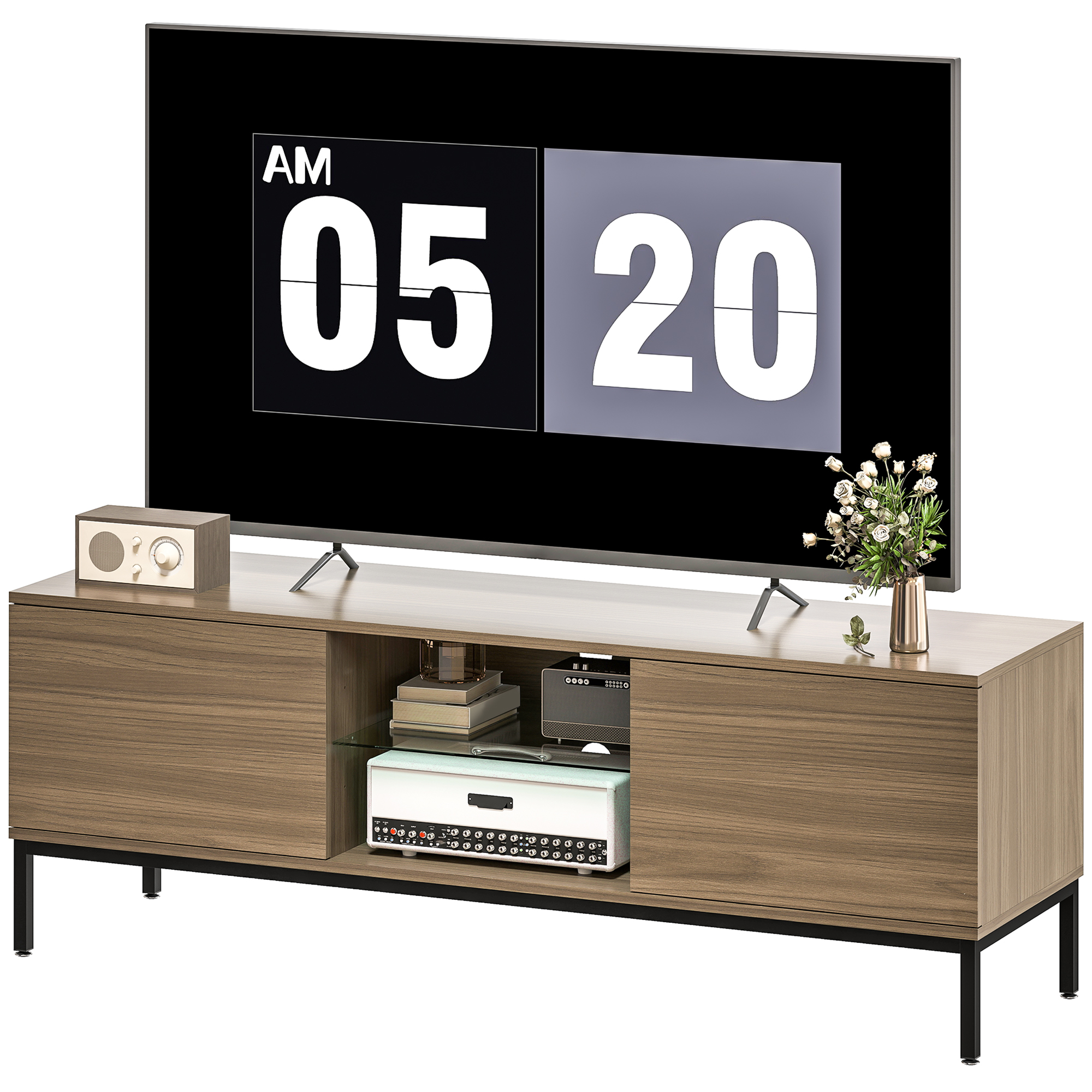 HOMCOM Modernes TV-Möbel TV-Möbel für Wohnzimmer mit 2 offenen Fächern 2 Türen Verstellbares Glasregal und 2 Kabelöffnungen für Fernseher bis zu 60 Zoll 140x40x49,5 cm Grau   Aosom