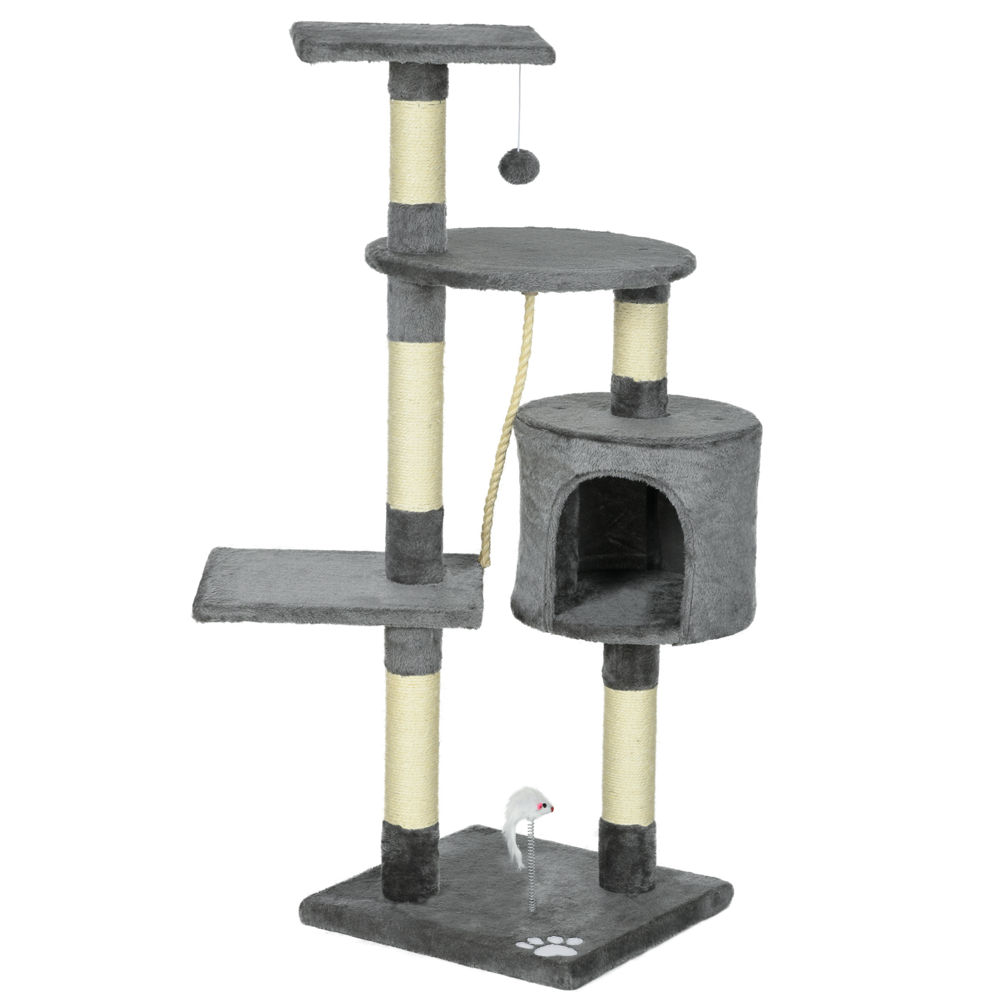 PawHut Kratzbaum für Katzen Höhe 116 cm Katzenturm mit Sisal Kratzpfosten Höhle Plattformen und Lustigen Hängespielzeugen Dunkelgrau   Aosom