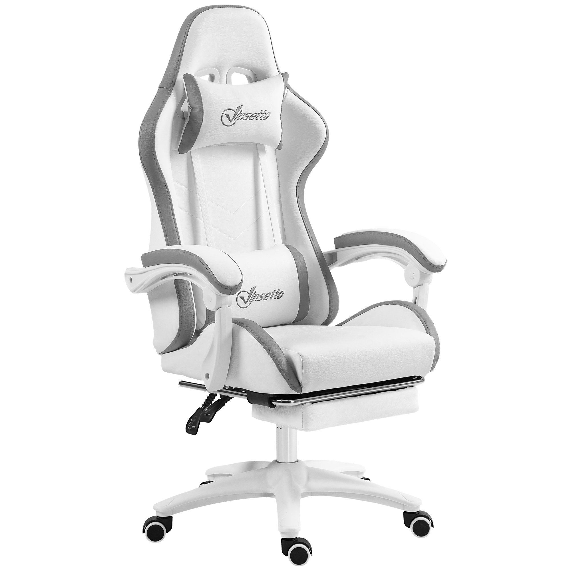 Vinsetto Gaming-Stuhl ergonomischer Gaming-Stuhl mit ausfahrbarem Fußteil, 135° neigbarer Rückenlehne, verstellbarem Kopfstütze und Lendenwirbelstütze, 360° drehbarer Bürostuhl aus Polyurethan, Weiß   Aosom