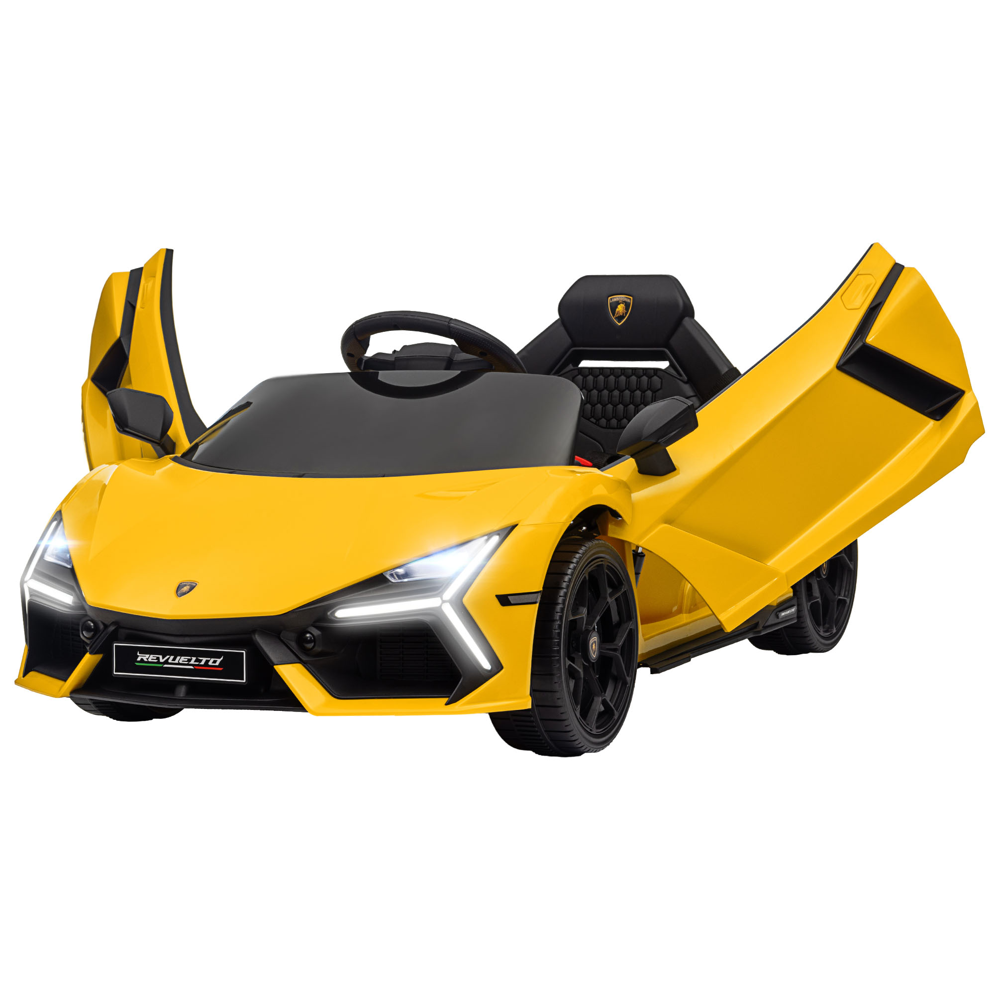 AIYAPLAY Elektroauto für Kinder, lizenziertes Lamborghini Revue, 12V Fahrzeug mit Flügeltüren, Fernbedienung 2,4G, Federung, Scheinwerfer, Musik, Hupe, für Kinder von 3 bis 5 Jahren, gelb   Aosom