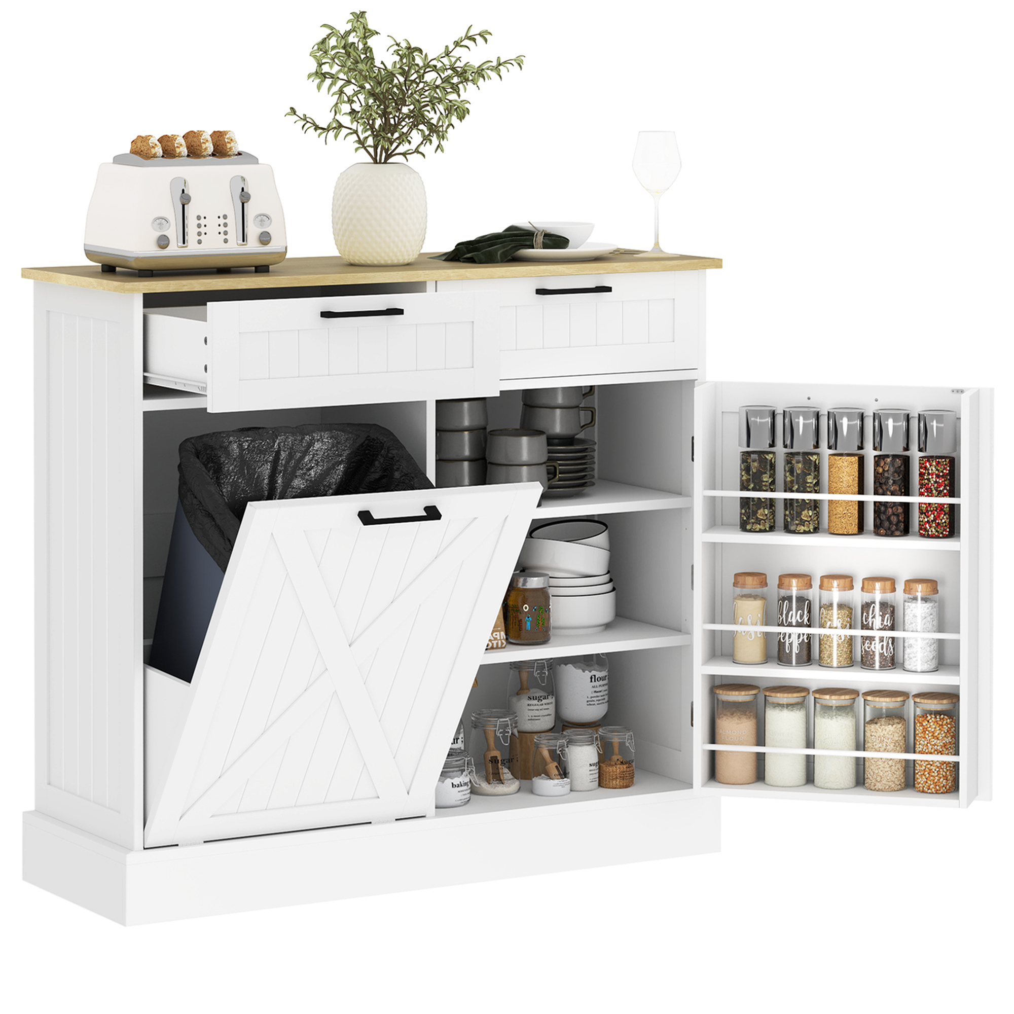 HOMCOM Buffet Küche mit 38L Müllschrank, Küchenmöbel Aufbewahrung mit 2 Schubladen, Gewürzregal und Arbeitsplatte, für Esszimmer, Wohnzimmer, 100 x 36 x 90 cm, Weiß   Aosom